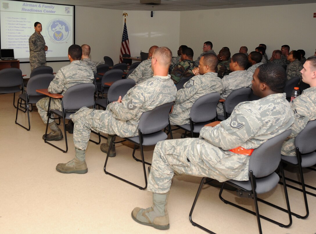 LANGLEY AIR FORCE BASE, Va. -- Tech. Sgt. Letrecia Williams, Airman and Family Readiness Center non-commissioned officer in charge, briefs Airmen during an Operational Readiness Exercise pre-deployment briefing Aug 25. The Aug 2009 Phase I ORE will be conducted on Aug. 27-28 to test and prepare Langley Airmen for future deployments. (U.S. Air Force photo/Airman 1st Class Gul Crockett)
