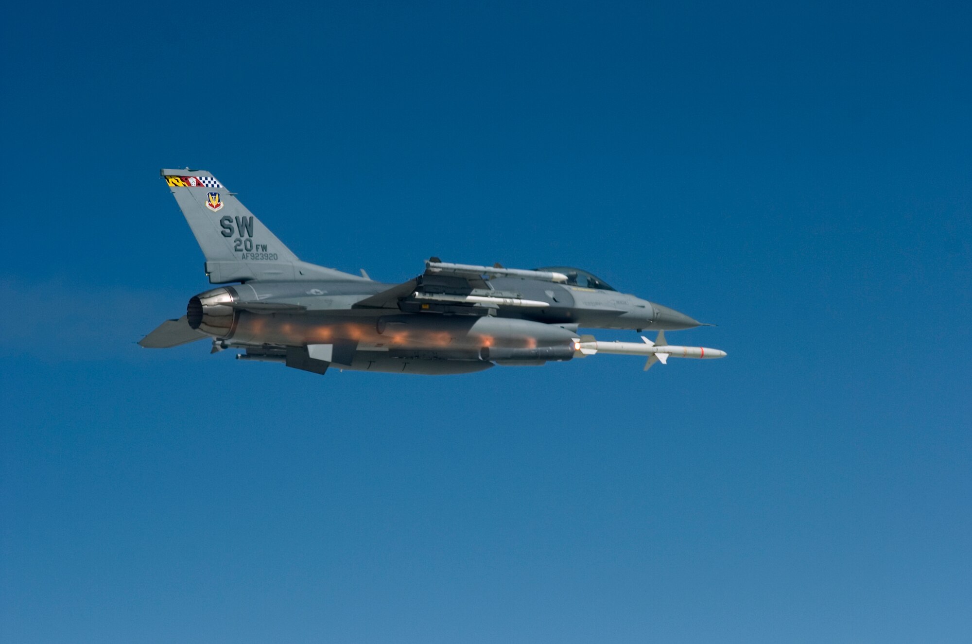 An F-16 Fighting Falcon from the 77th Fighter Squadron at Shaw Air Force Base, S.C., fires an AGM-88 HARM at a ground target during a Combined Weapons System Evaluation Program, a large-scale evaluation at Hill Air Force Base, Utah. The three-week exercise assessed operational effectiveness and suitability of weapons and weapons systems for both air to air and air to ground. (U.S. Air Force photo/Tech. Sgt. Jason Wilkerson)