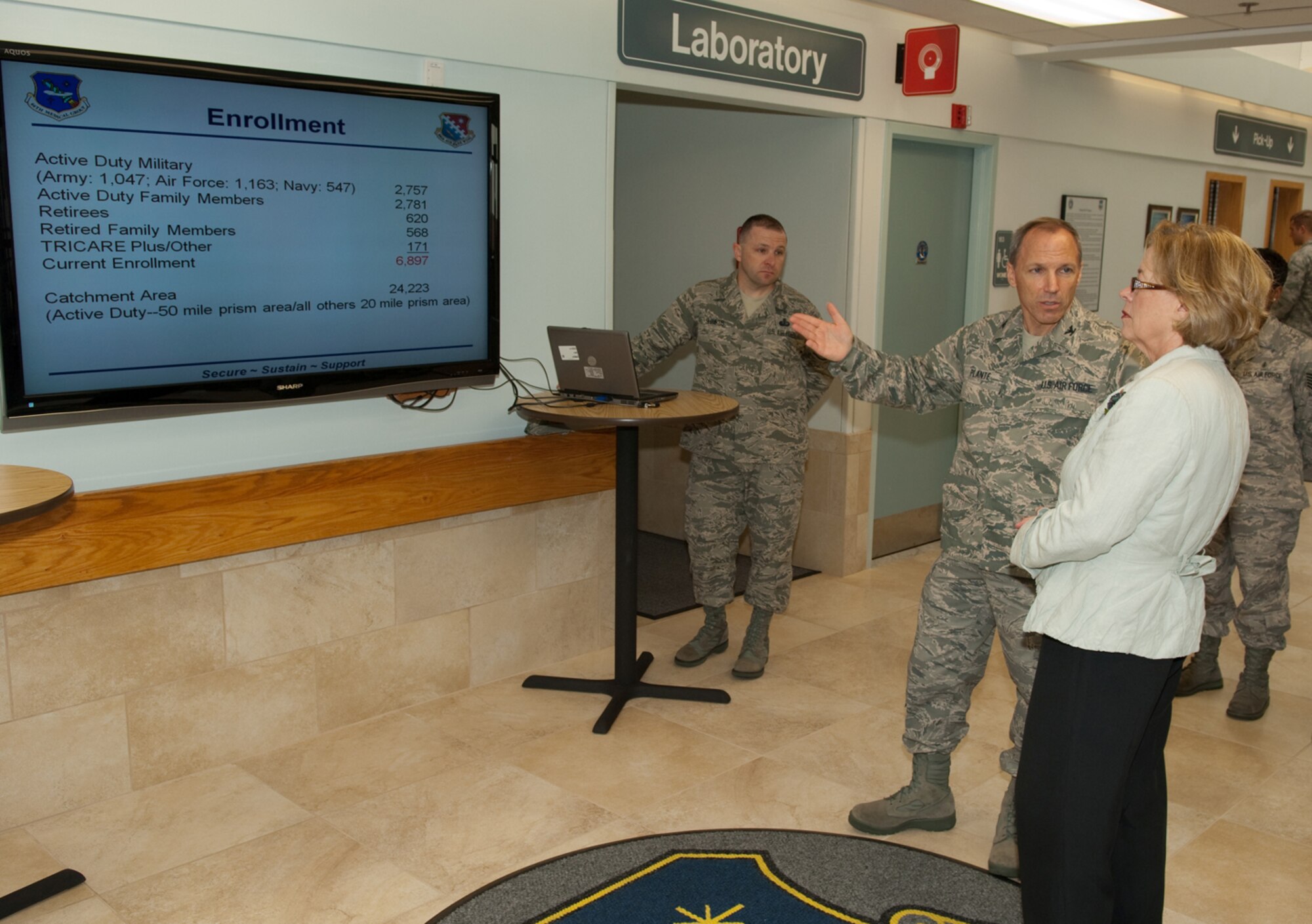 HANSCOM AIR FORCE BASE, Mass. –Col. Parker Plante (center), 66th Medical Group commander briefs Congresswoman Niki Tsongas (5th Congressional District) on enrollment numbers for the Hanscom Clinic while Master Sgt. Michael Shimkus (left), 66th Medical Support Squadron looks on. Col. Dave Orr, 66th Air Base Wing commander provided the Congresswoman with an update on Hanscom operations during her visit to the base Aug. 21. She also had the opportunity to tour the 66 MDG, Camp Patriot and Child Development Center facilities. (U.S. Air Force photo by Rick Berry)

