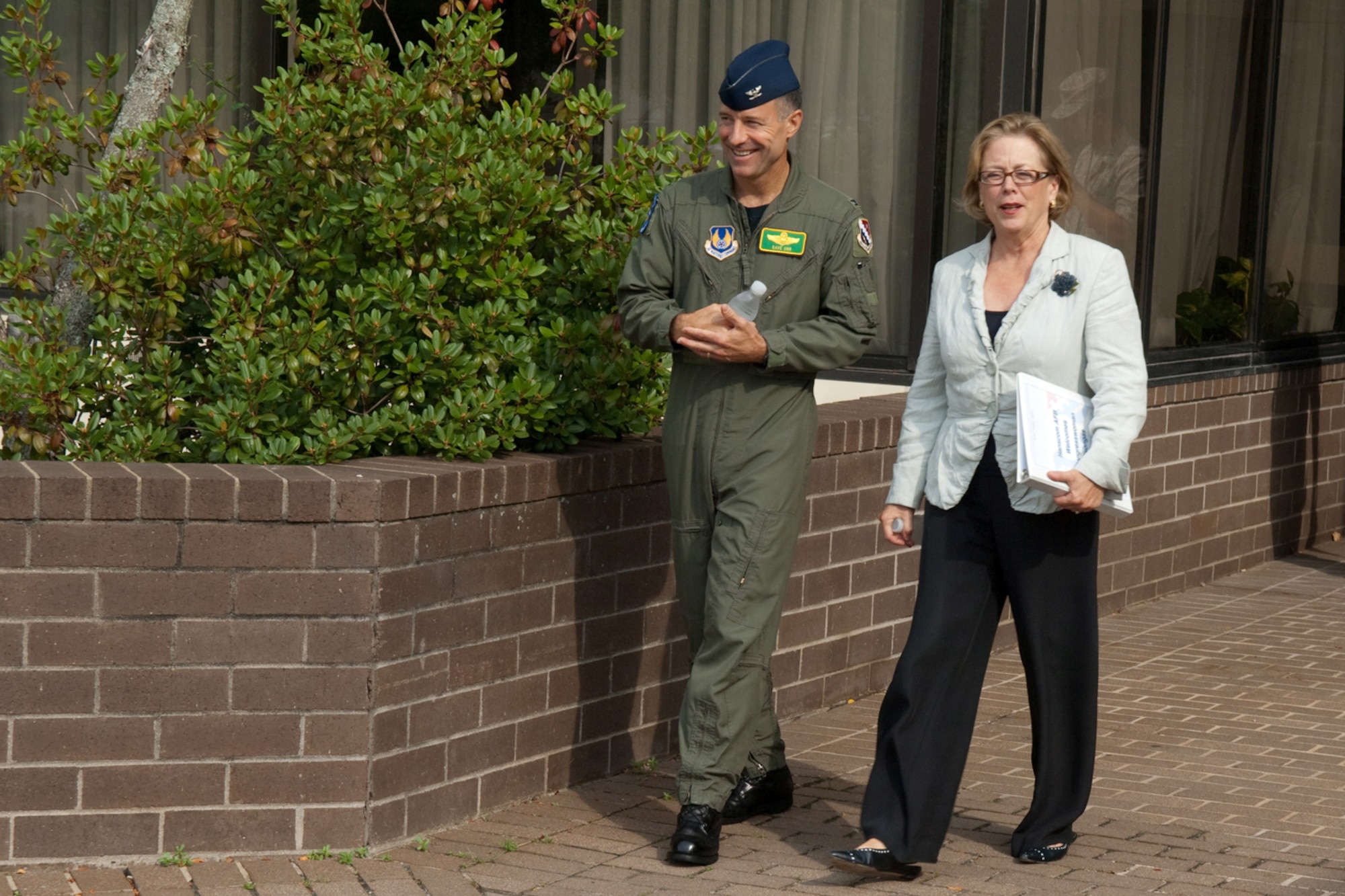 HANSCOM AIR FORCE BASE, Mass. – Congresswoman Niki Tsongas, Fifth Congressional District of Massachusetts, visited Hanscom on Aug. 21, touring Camp Patriot operations, the 66th Medical Group, and the Child Development Center. Shown here Col. Dave Orr, 66th Air Base Wing commander, walks with Congresswoman Tsongas outside of the Brown Building following a 66th Air Base Wing mission brief. (U.S. Air Force photo by Rick Berry)