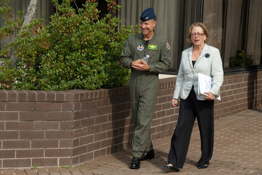 HANSCOM AIR FORCE BASE, Mass. – Congresswoman Niki Tsongas, Fifth Congressional District of Massachusetts, visited Hanscom on Aug. 21, touring Camp Patriot operations, the 66th Medical Group, and the Child Development Center. Shown here Col. Dave Orr, 66th Air Base Wing commander, walks with Congresswoman Tsongas outside of the Brown Building following a 66th Air Base Wing mission brief. (U.S. Air Force photo by Rick Berry)