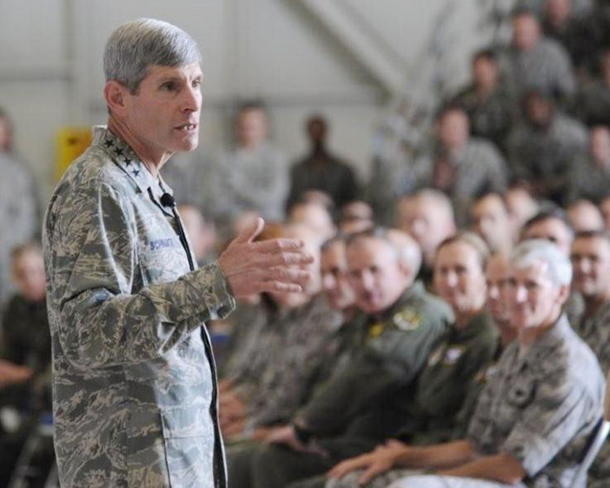 Air Force Chief of Staff Gen. Norton Schwartz speaks during an Airmen's Call Aug. 21 at Beale Air Force Base, Calif., home of the 9th Reconnaissance Wing and its U-2 "Dragon Lady" and RQ-4 Global Hawk reconnaissance aircraft. (U.S. Air Force photo/T.C. Perkins Jr.)