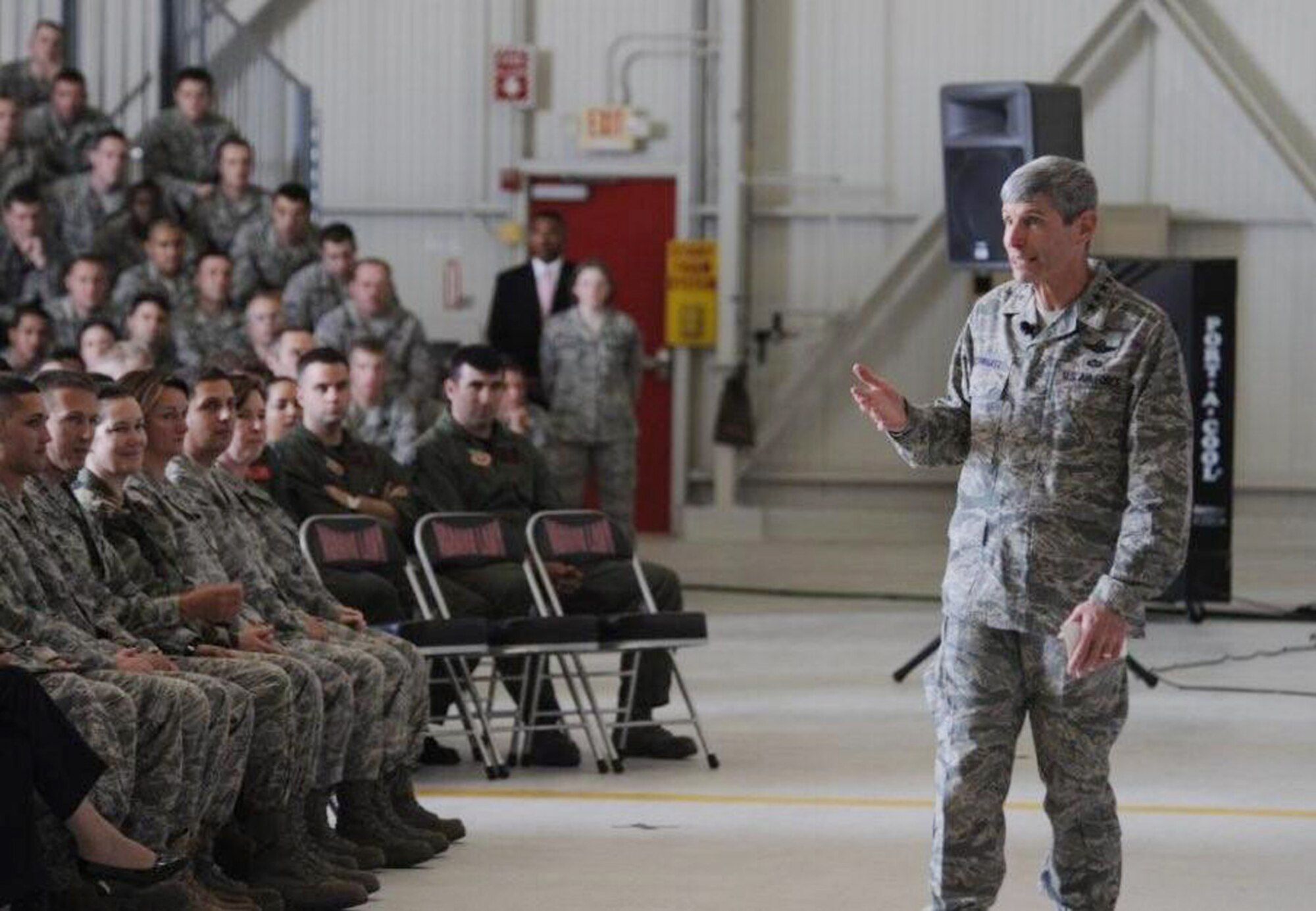 Air Force Chief of Staff Gen. Norton Schwartz speaks during an Airmen's Call Aug. 21 at Beale Air Force Base, Calif., home of the 9th Reconnaissance Wing and its U-2 and RQ-4 Global Hawk reconnaissance aircraft. (U.S. Air Force photo/T.C. Perkins Jr.)