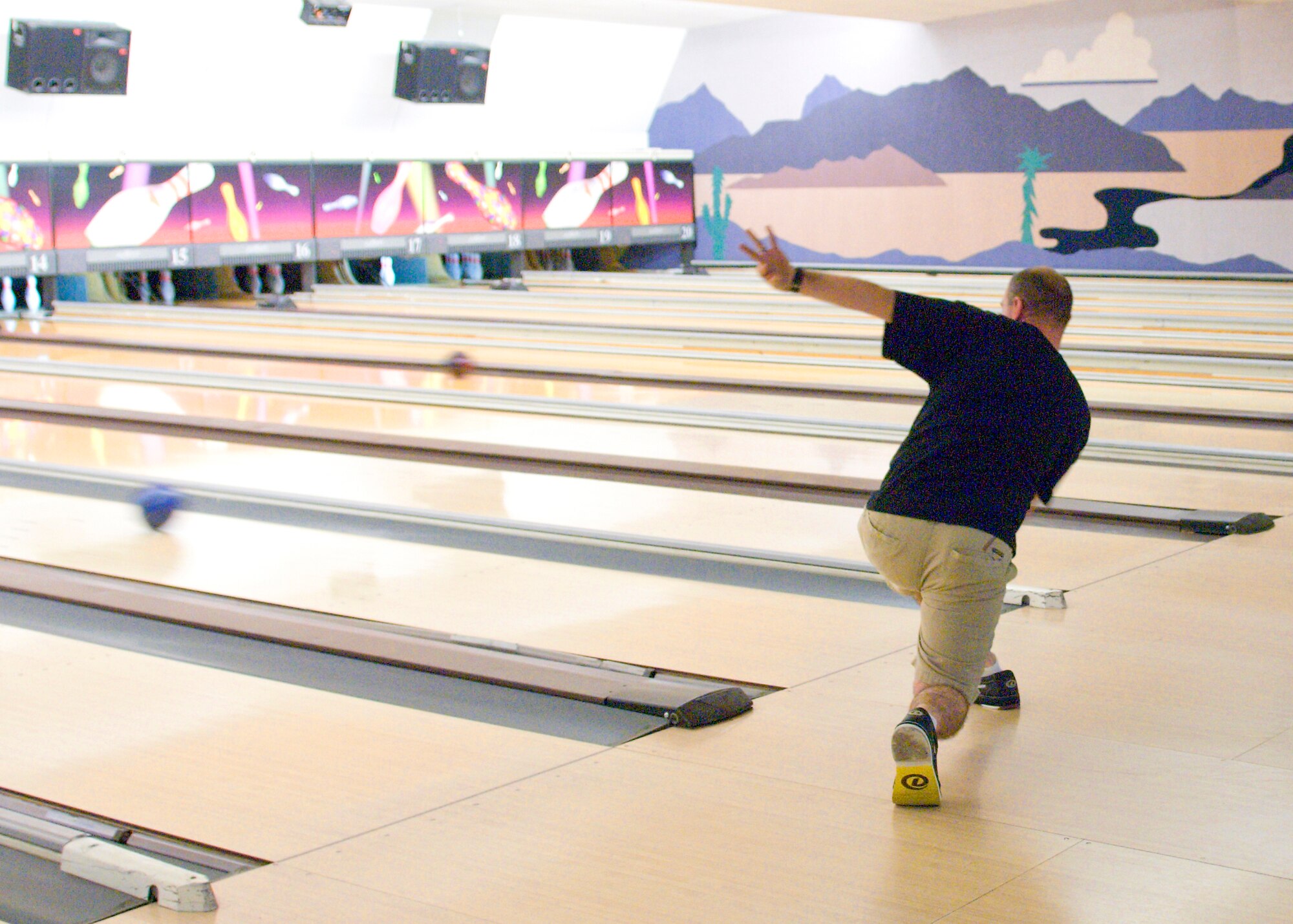 Staff Sgt. Brian Mace, 95th Security Forces Squadron, participates in a POW/MIA day bowling fund raiser. The event raised more than $450, with six teams participating. The 95th SFS Combat Arms team with a total of 3233 points in three games. The next POW/MIA fundraiser will be a bake sale on September 1st at the BX.  On September 17 a memorial ruck march and fun run/walk will be held to celebrate POW/MIA Recognition Day. POW/MIA Recognition Day is on September 18 and will be celebrated with a luncheon at Club Muroc at 11:00 a.m. and a Retreat Ceremony in front of Bldg 1 at 2 p.m. (Air Force photo/Mike Cassidy)