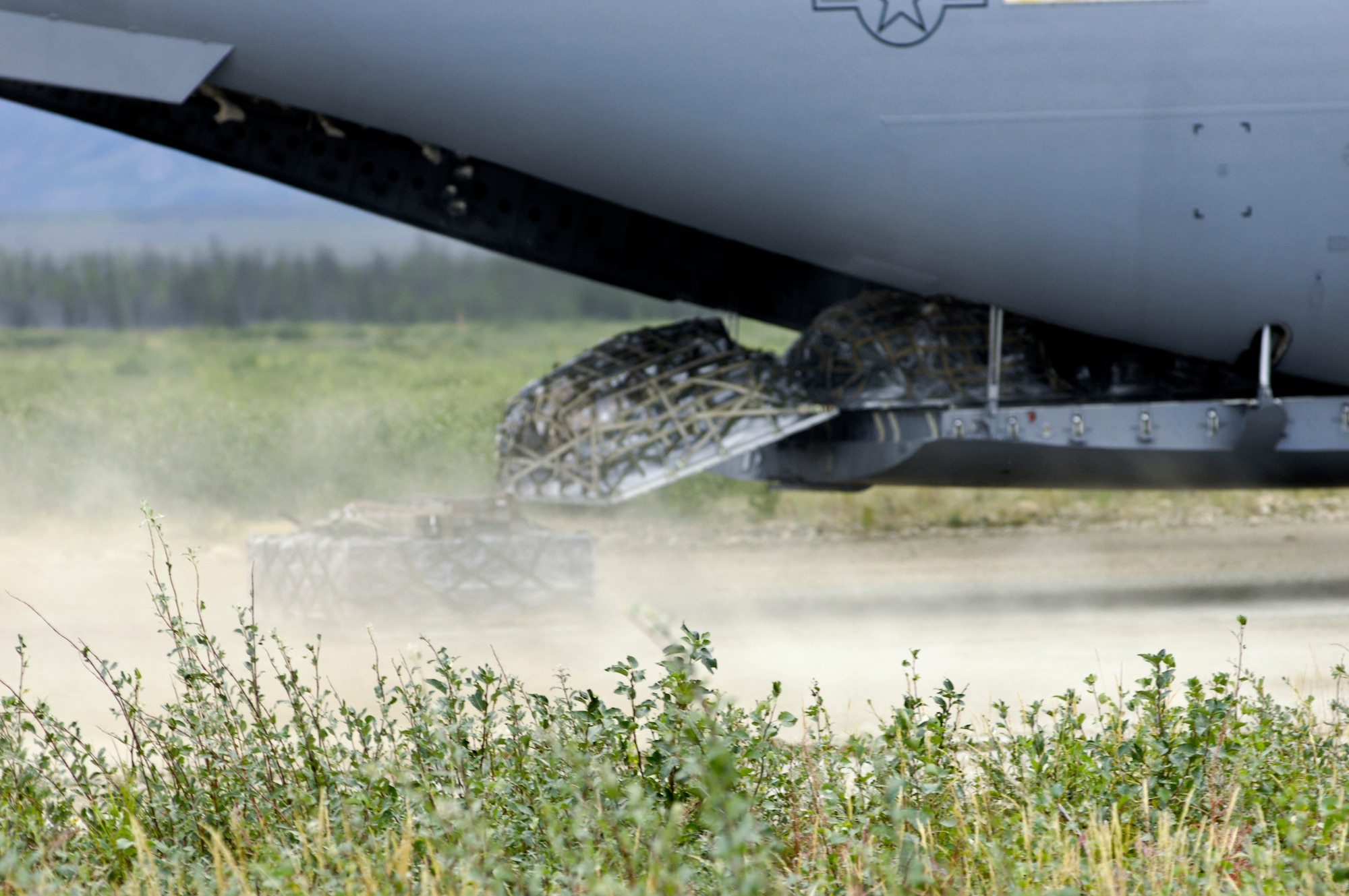 DONNELLY LANDING ZONE, Alaska -- Pallets drop out of the back of a C-17 Globemaster III Aug. 24. Elmendorf's 517th and Kulis Air National Guard's 249th airlift squadrons participated in the Army's Operation Arctic Response Aug. 24 and 26. Both squadrons each flew one of their C-17 Globemaster IIIs to help deploy 120 Soldiers and supplies to a designated area in Alaska. (U.S. Air Force photo/Airman 1st Class Christopher Gross)