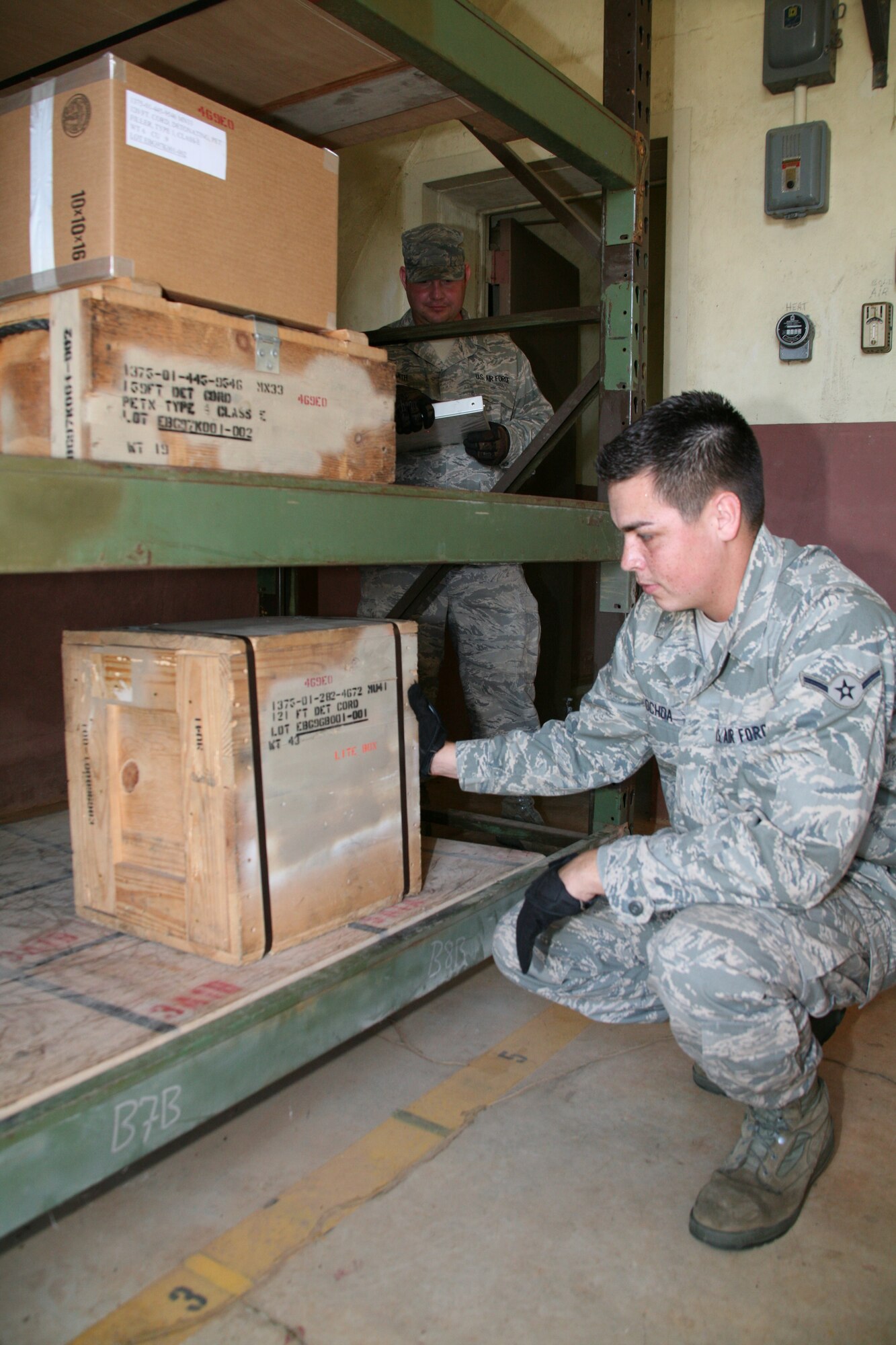 Airman Alex Ochoa and Staff Sgt. Travis Smith, 19th Equipment Maintenance Squadron’s munitions flight, inventory detonator cord. The 40 members of the munitions flight support Combat Airlifters on a daily basis, issuing rifle and pistol rounds for Airmen to fire during qualification training or storing plastic explosives for the explosive ordnance disposal shop until a threat needs to be neutralized. (U.S. Air Force photo by Bob Oldham)