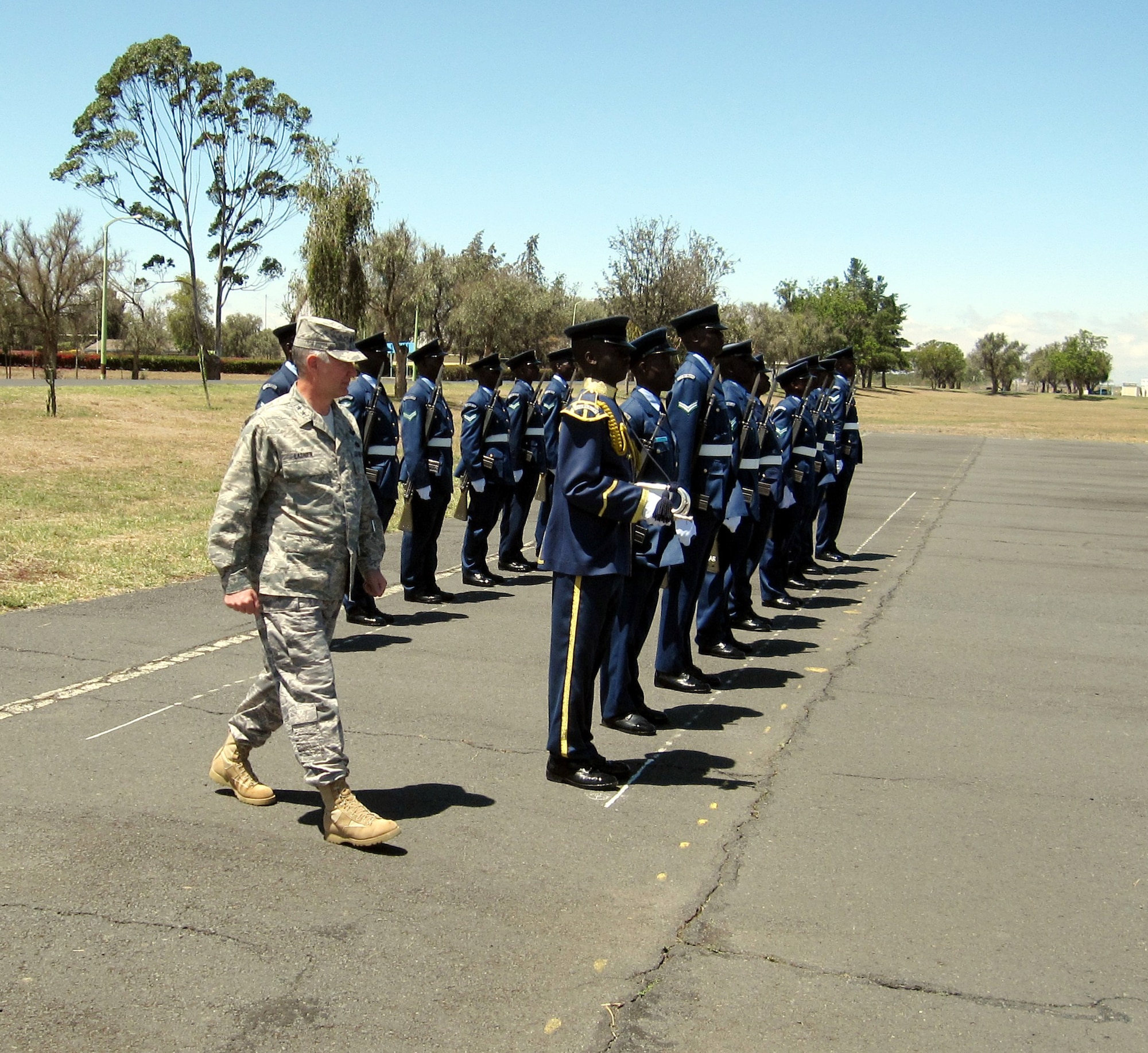 Maj. Gen. Ronald R. Ladnier conducts a ceremonial inspection of Kenyan air forces troops at Laikipia Air Base, Kenya, Aug. 25. The formation was offered as part of the General's welcome to the base during a senior leader engagement this week. General Ladnier met with senior Kenyan defense officials, including Kenyan air force leadership. The engagement included a discussion on how AFAFRICA, also known as 17th Air Force, can continue to assist Kenya in the evolution of its air force. General Ladnier is commander of Air Forces Africa. (U.S. Air Force photo/Master Sgt. Jim Fisher)