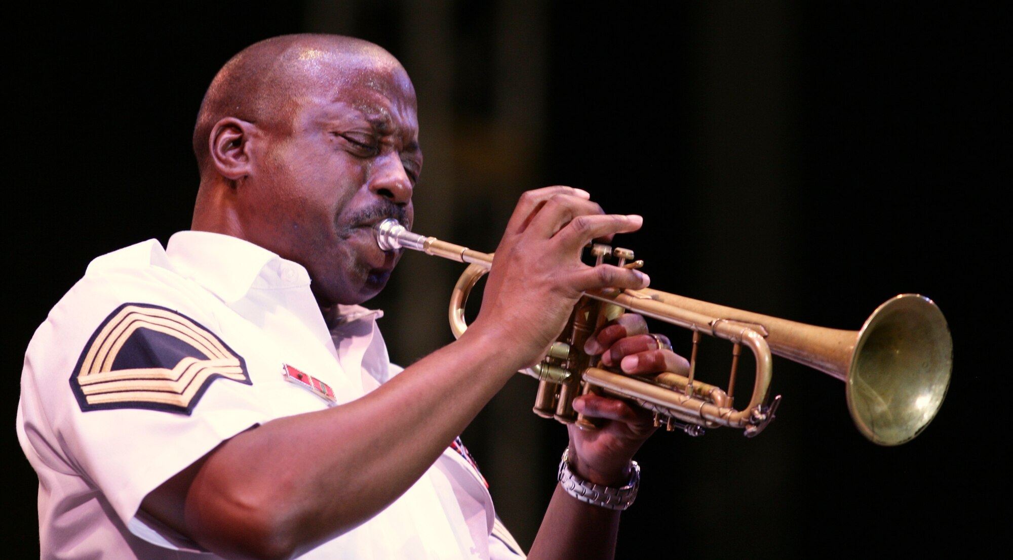 MSG Kenneth R. Rittenhouse, a member of the Army Blues, solos during the 2009 Joint Service Jazz Festival.  The Army Blues (stationed nearby at Fort Myer in Virginia) played an awesome set – highlighting the wonderful soloists that fill each section.  The event, hosted by the USAF Band’s Airmen of Note, took place at the Carter Barron Amphitheatre on August 16th.  The Navy Commodores were also featured on the program.  (photo by SFC Mark Wood, U.S. Army Band)
