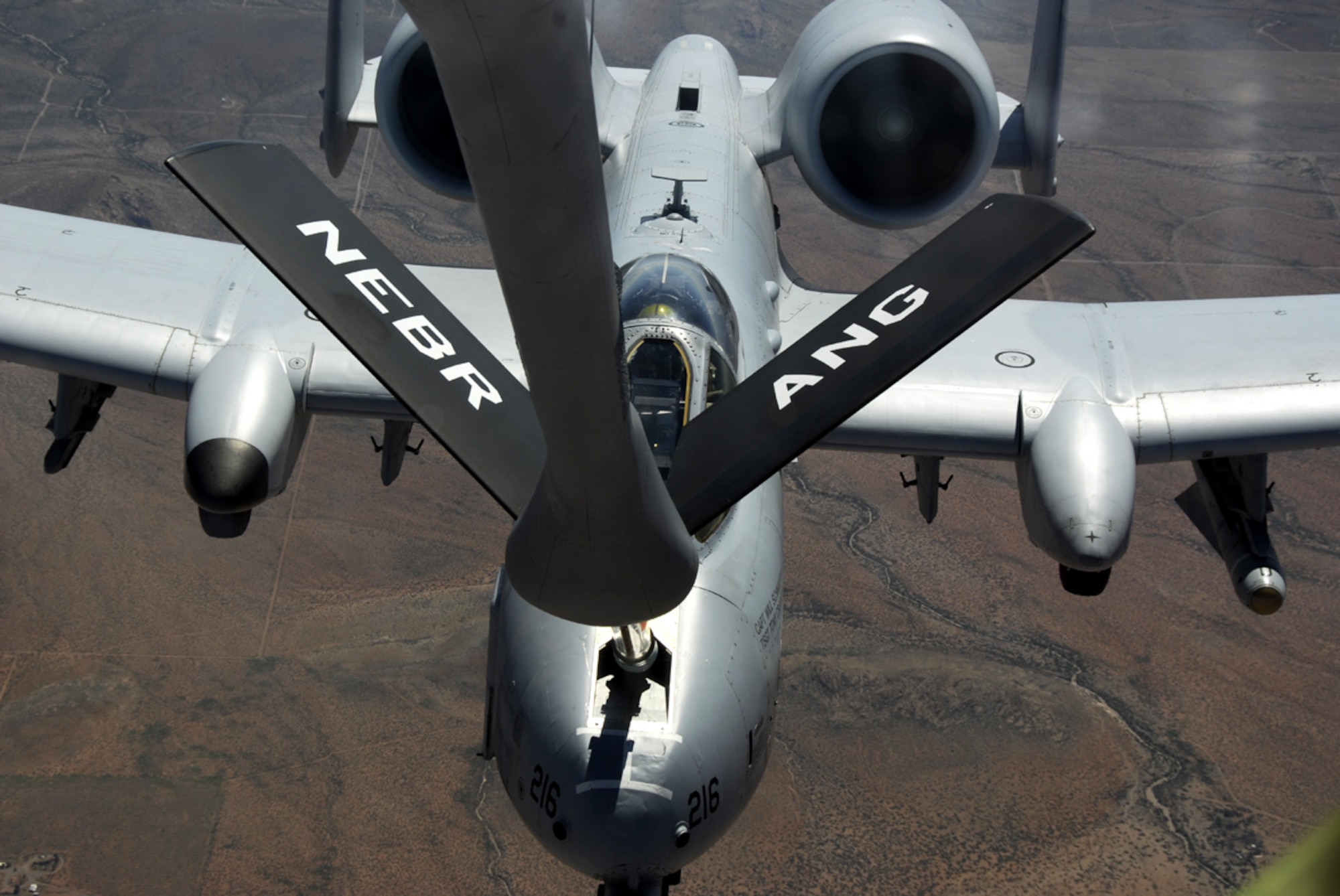Snowbird - An A-10 Thunderbolt II Warthog from the 188th Fighter Wing, Arkansas Air National Guard, based in Fort Smith, Ark., receives fuel from a KC-135 Stratotanker over the skies of Arizona during a deployment to Davis-Monthan Air Force Base in Tucson, Ariz., Aug. 5. The tanker, provided by the 155th Air Refueling Wing in Lincoln, Neb., carried local civic and military leaders to Davis-Monthan, where they received a tour of the facilities. (U.S. Air Force photo by Capt. Heath Allen)