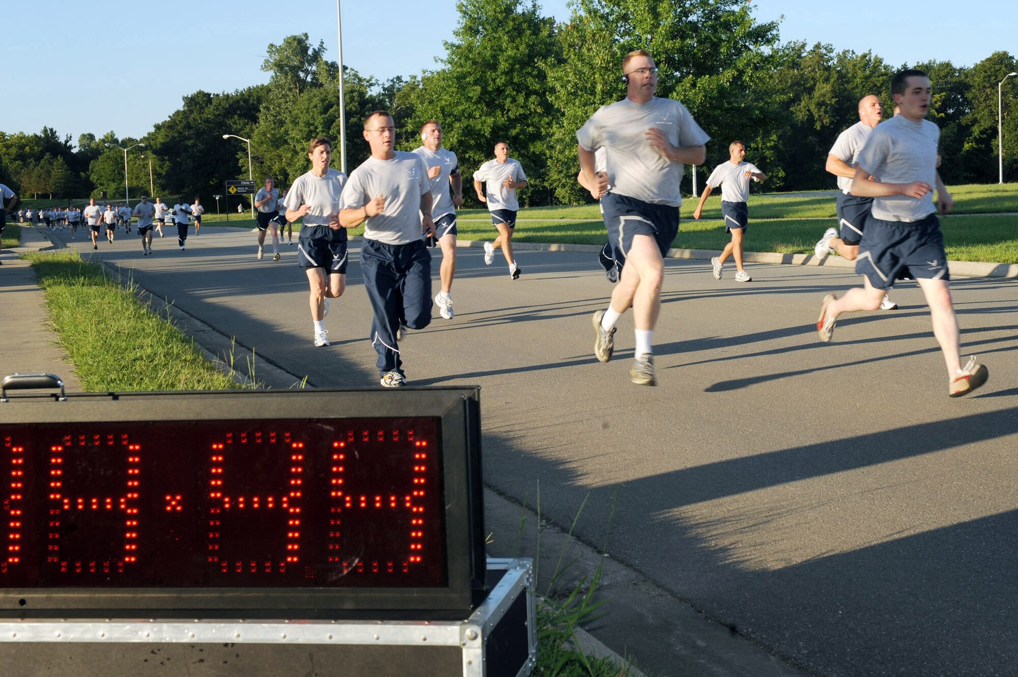 WHITEMAN AIR FORCE BASE, Mo. - Members of Team Whiteman participate in a Wing fun run Aug. 21. The fun run is one way Team Whiteman promotes health and fitness. (U.S. Air Force photo/Senior Airman Jason Huddleston)