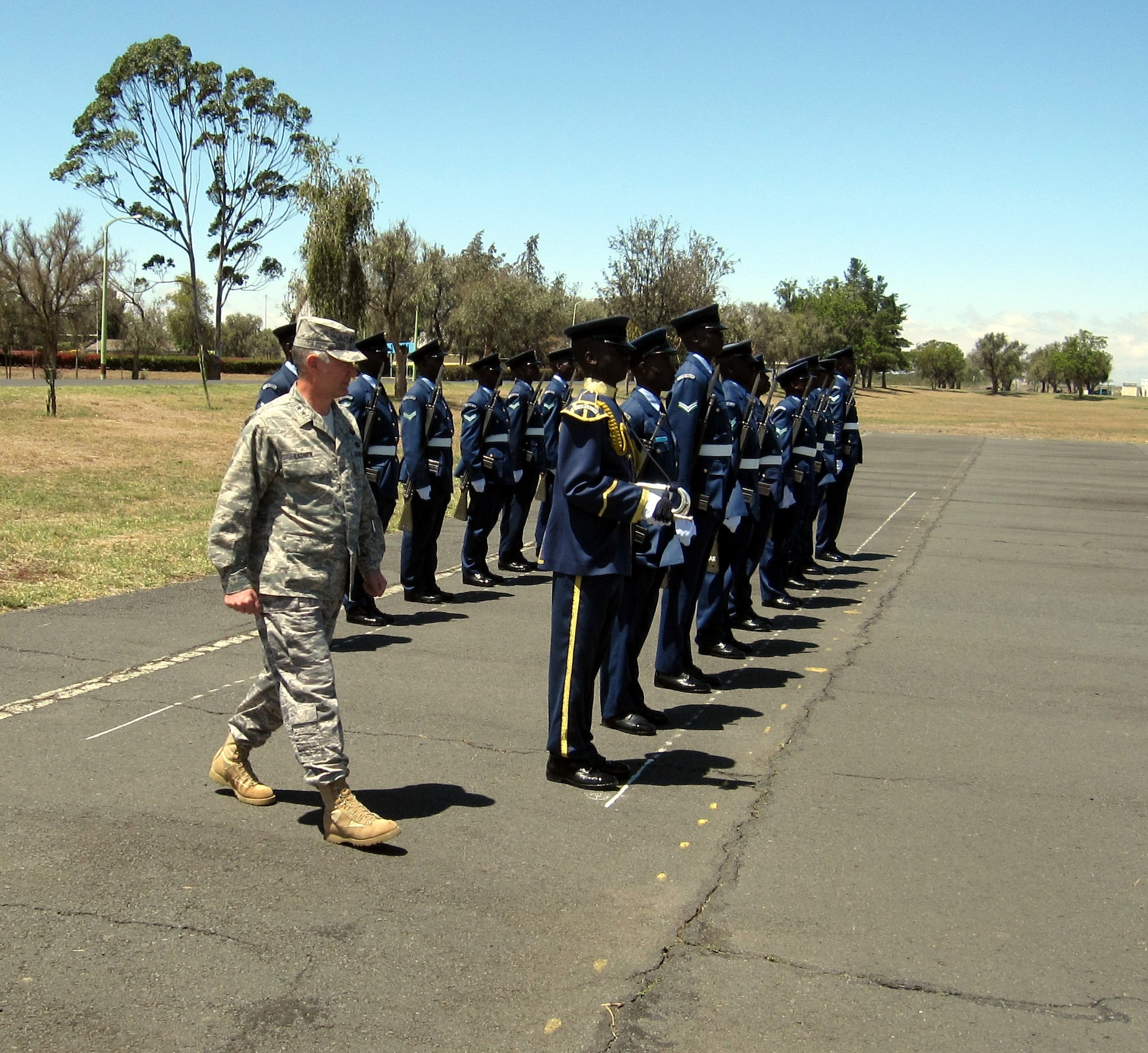 Maj. Gen. Ronald R. Ladnier, commander of Air Forces Africa, conducts a ceremonial inspection of Kenyan Air Forces troops at Laikipia Air Base, Kenya, Aug. 25. The formation was offered as part of the General’s welcome to the base during a senior leader engagement this week. General Ladnier met with senior Kenyan defense officials, including Kenyan Air Force leadership. The SLE included discussion on how AFAFRICA, also known as 17th Air Force, can continue to assist Kenya in the evolution of its air force. (U.S. Air Force photo by Master Sgt. Jim Fisher) 