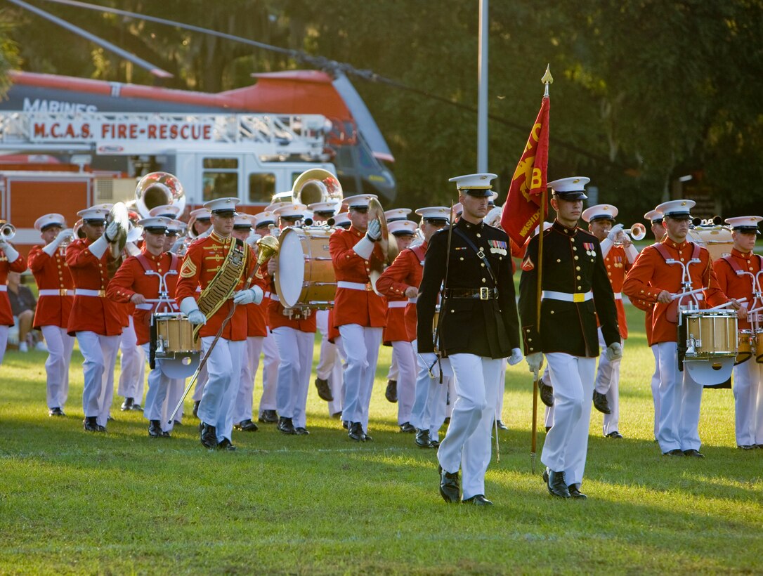 Marine from Marine Barracks Washington perform a pass in review during the Battle Color Ceremony at Marine Corps Air Station Beaufort, S.C., Aug. 25.