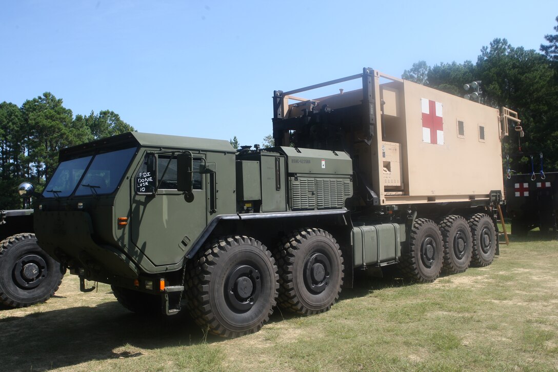 The Mobile Trauma Bay, created by Cmdr. James L. Hancock, director of medical services, Camp Lejeune Naval Hospital, stands completed and ready to ship to Afghanistan for combat testing, August 27. From the time it was proposed to the time it was completed, 914 concept drawings in four months resulted in what was unveiled today.