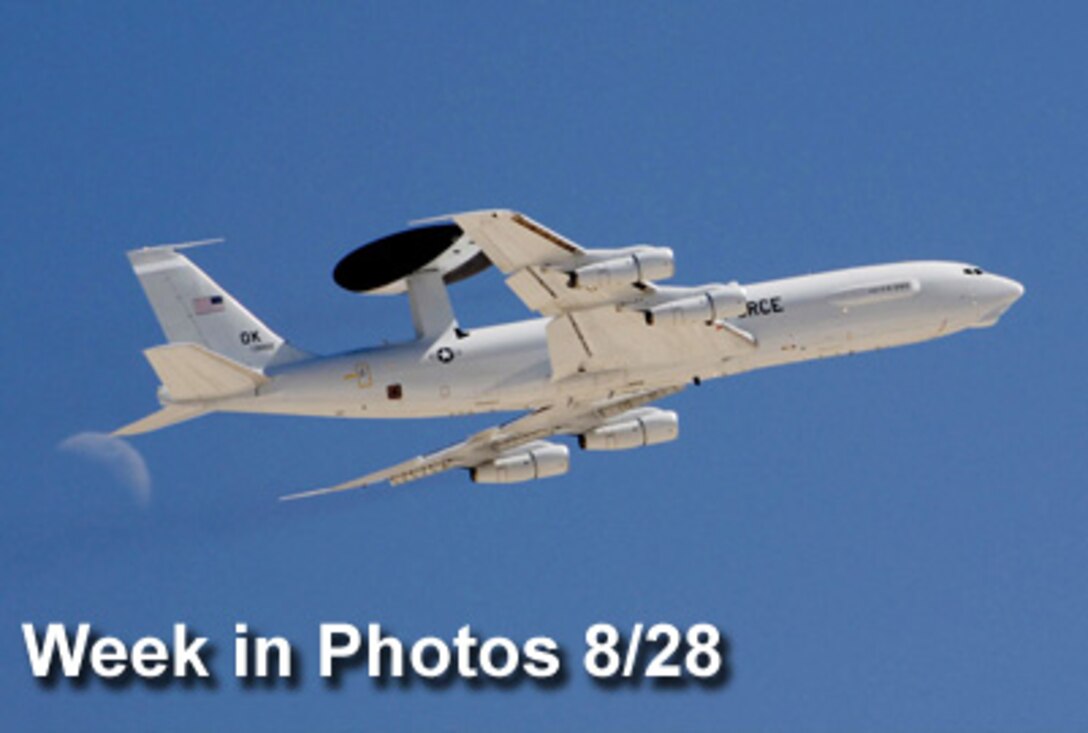 Air Force Week in Photos for Aug. 28 highlights photos from around the Air Force. In this photo by Senior Master Sgt. Robert J. Sabonis, an E-3 Sentry AWACS aircraft takes off Aug. 25 from Nellis Air Force Base, Nev., while participating in Red Flag. (U.S. Air Force photo illustration)