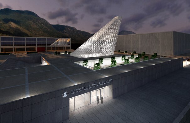 The new Center for Character Leadership and Development is shown adjacent to Arnold Hall and Harmon Hall at the U.S. Air Force Academy in this artist's rendering. Construction on the new facility, designed by Skidmore, Owings and Merrill, is scheduled to begin in March 2011 and be complete late summer 2012. (courtesy illustration)