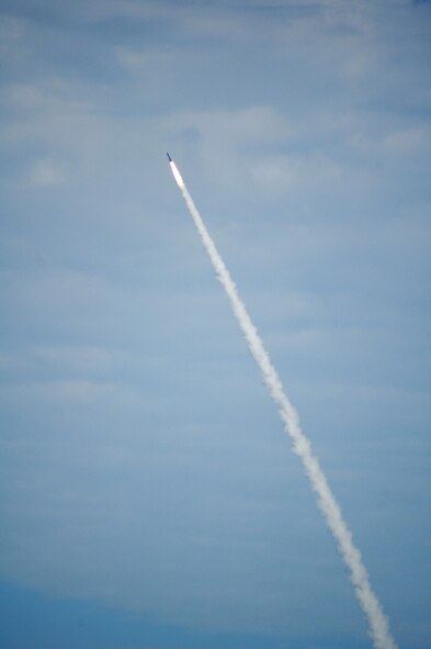 A Minutman III inter-continental ballistic missile leaves North Vandenberg Air Force Base, Calif., during an operational test Aug. 23 at 9:01 a.m. The missile was transported to Vandenberg from Malmstrom AFB, then emplaced and launched by 341st Missile Wing maintenance and missile combat crews in coordination with members of the 576th Flight Test Squadron. (U.S. Air Force photo/Senior Airman Dillon White) 
