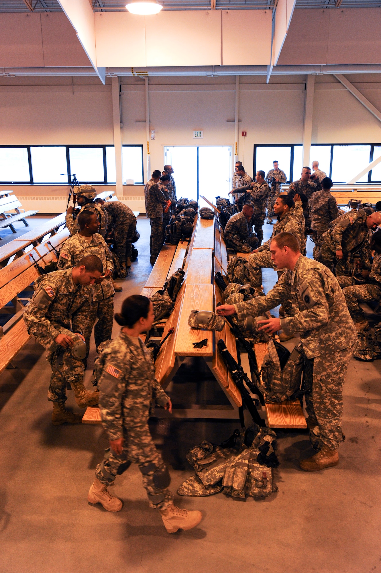 ELMENDORF AIR FORCE BASE, Alaska -- Members from the U.S. Army 17th Combat Service Support Battalion out of Fort Richardson wait at the Joint Military Center prior to take off for Arctic Response here, August 24. Arctic Response was a joint operation and total force integration exercise where Air Force active-duty and National Guard members aided the U.S. Army in deploying to the exercise site. (U.S. Air Force photo/ Staff Sgt. Joshua Garcia)