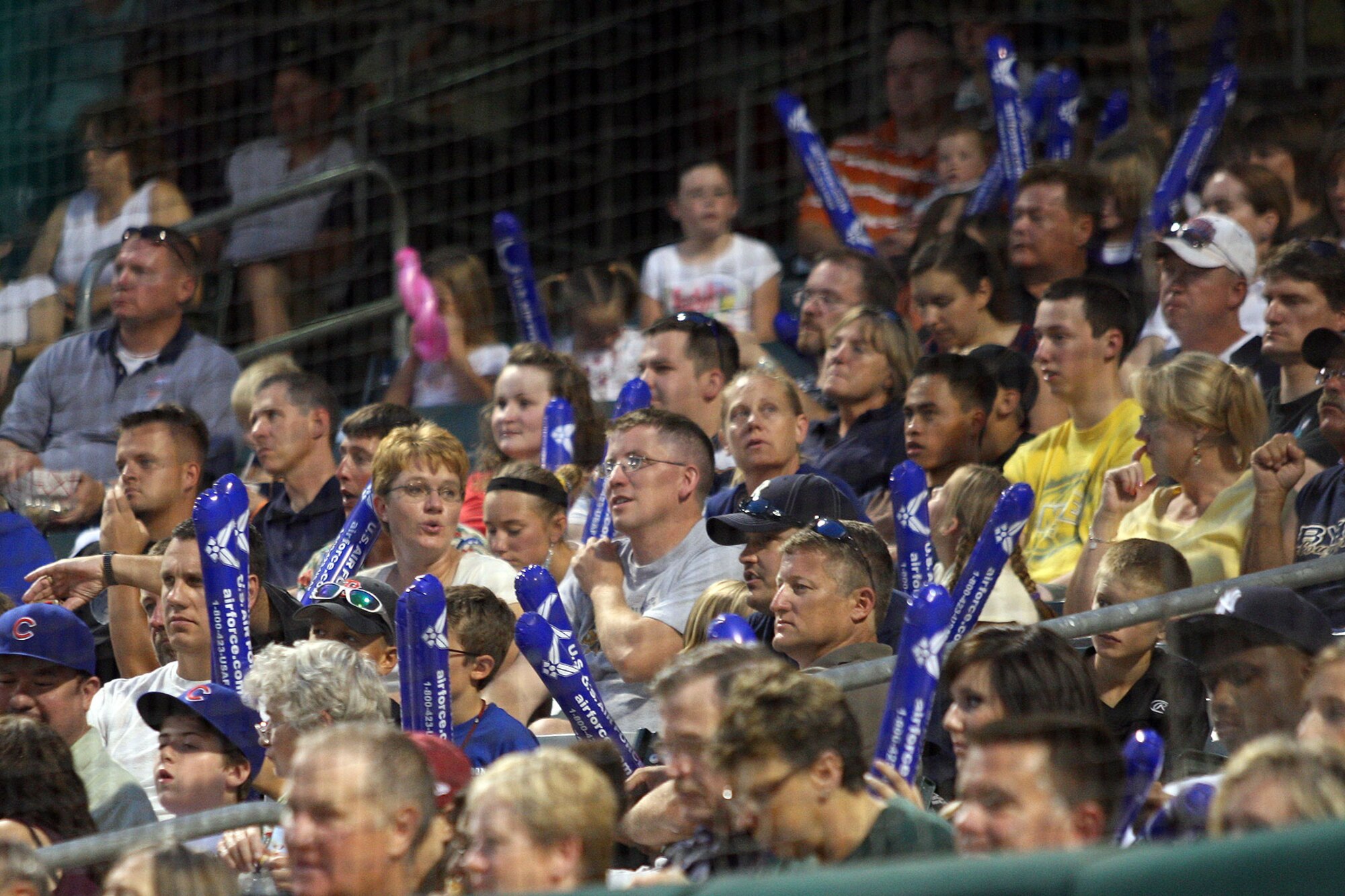Baseball fans ready their Air Force Thundersticks to root for their favorite team. The Salt Lake Bees Triple-A baseball team hosted an Air Force Night Aug. 22, at Spring Mobile Park, Salt Lake City, Utah. Members of the 368th Recruiting Squadron, located at Hill Air Force Base, Utah, handed out the sticks to a crowd of more than 17,000 Bees fans. (Salt Lake Bees photo/Brent Asay)