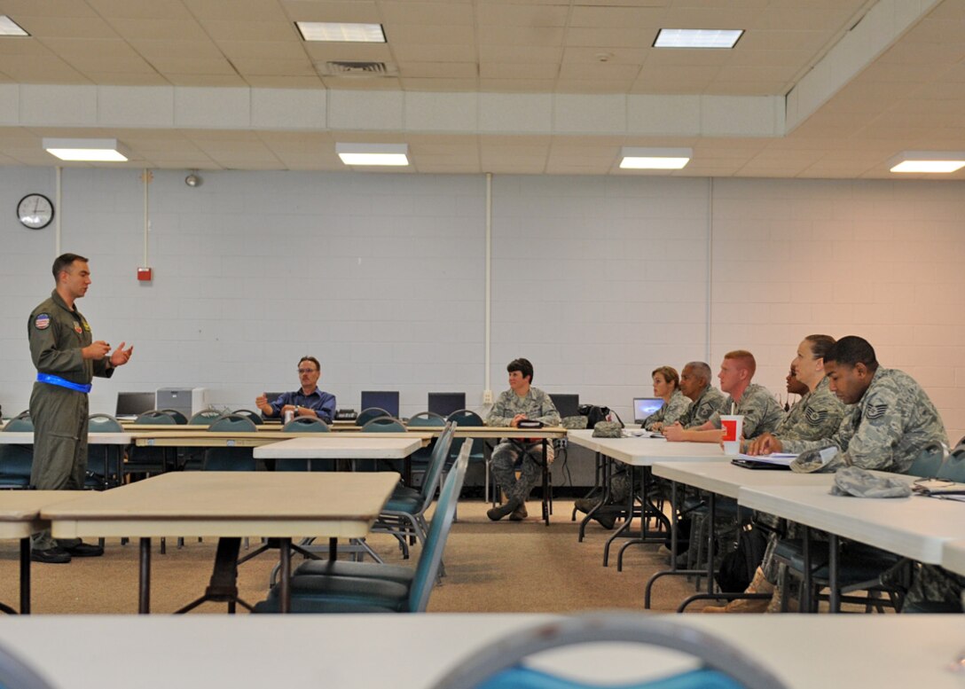 LANGLEY AIR FORCE BASE Va. -- Wing Exercise Evaluation Team members for the Operational Readiness Exercise attend a briefing here Aug. 26. The briefing is given to make sure all of the WEET members understand the grading and reporting procedures during the ORE inspections. (U.S. Air Force photo/Airman 1st Class Jonathan Koob) 