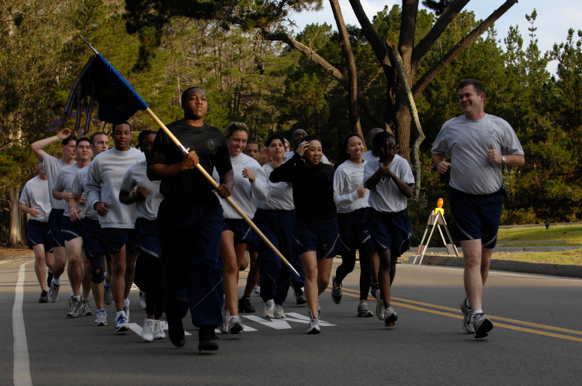 VANDENBERG AIR FORCE BASE, Calif. – The 30th Space Wing participates in the monthly Fit-to-Fight Run here Aug. 28. Team V Airmen complete the run together to highlight the "Fit to Fight" force. The event is meant to encourage Airmen to maintain the Air Force's health and fitness standards. (U.S. Air Force photo/Senior Airman Bryan Boyette)