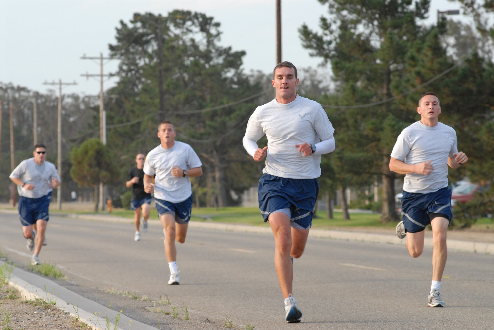 VANDENBERG AIR FORCE BASE, Calif. – The 30th Space Wing participates in the monthly Fit-to-Fight Run here Aug. 28. Team V Airmen complete the run together to highlight the "Fit to Fight" force. The event is meant to encourage Airmen to maintain the Air Force's health and fitness standards. (U.S. Air Force photo/Airman 1st Class Angelina DellaRocco-Rukavina)