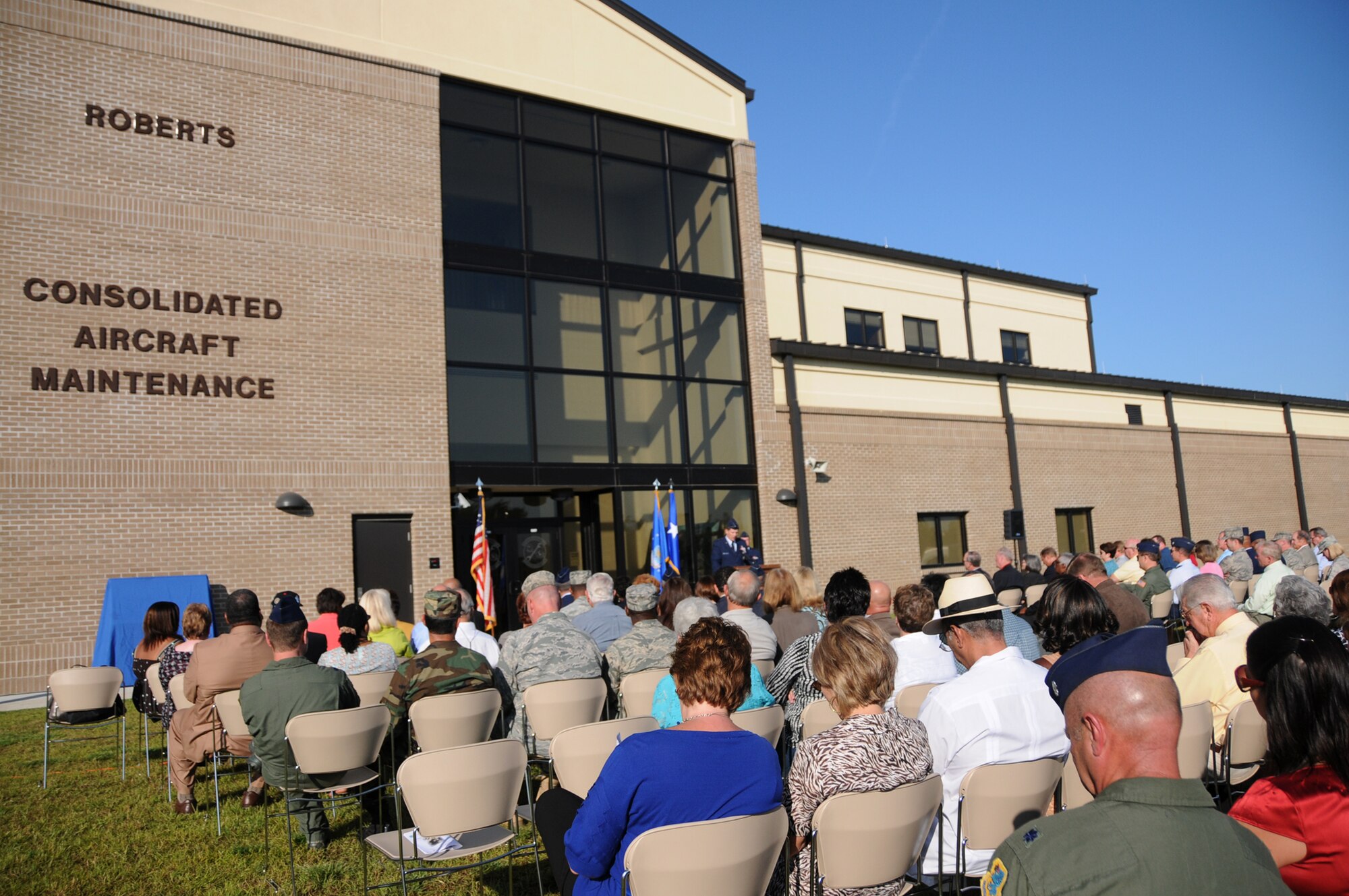 Team Keesler held a dedication ceremony of the Consolidated Aircraft Maintenance Facility named after Col. (Ret.) Lawrence Roberts who served as a Tuskegee Airman and adopted Biloxi, Miss. as his home. The $22.6 million facility will be used to  maintain the C-130J six-bladed composite  propeller, and many other significant maintenance capabilities. The Roberts' family, along with over 250 community and civic leaders, shared in the momentous occasion. (U.S. Air Force photo by Kemberly Groue)
