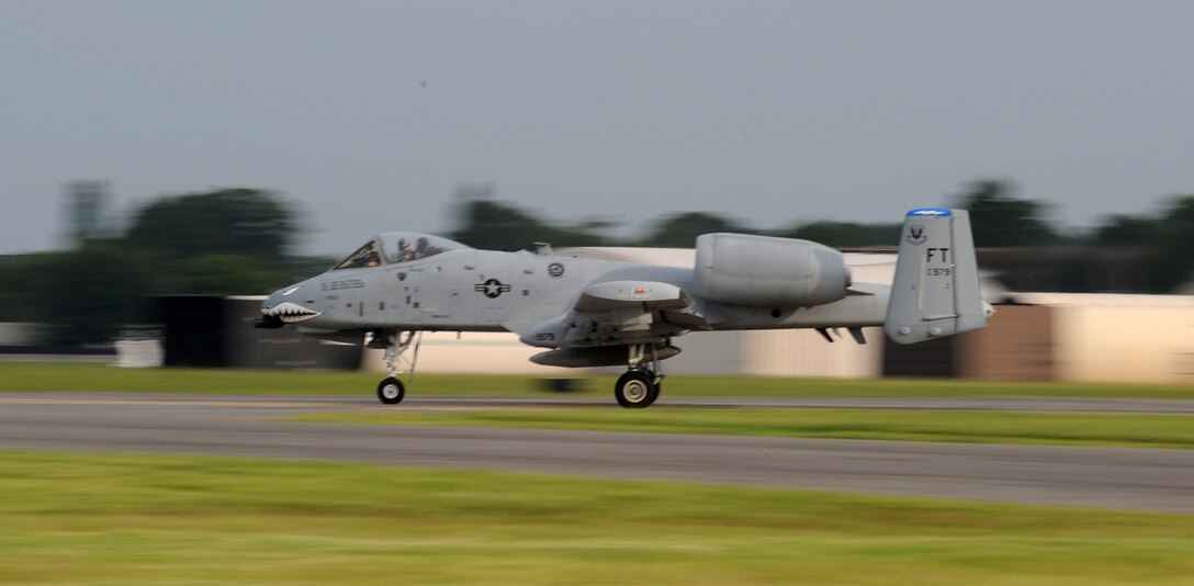 LANGLEY AIR FORCE BASE, Va. -- An A-10 Thunderbolt II takes off from the runway here Aug. 28.  The A-10 is from the 76th Fighter Squadron at Moody AFB and took off from Langley prior to a flyover at Arlington National Cemetery, Va. in honor of Lt. Col. (retired) Vernon Kramer, a World War II veteran.  (U.S. Air Force photo/Senior Airman Zachary Wolf)

