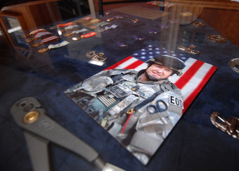 This shadow box was presented to Tech. Sergeant Christopher "Matt" Slaydon, 56th Civil Engineer Squadron explosive ordinance disposal technician, at his retirement ceremony at Luke Air Force Base, Aug. 27, 2009. (U.S. Air Force photo/Tech. Sgt. Jeffrey Wolfe)