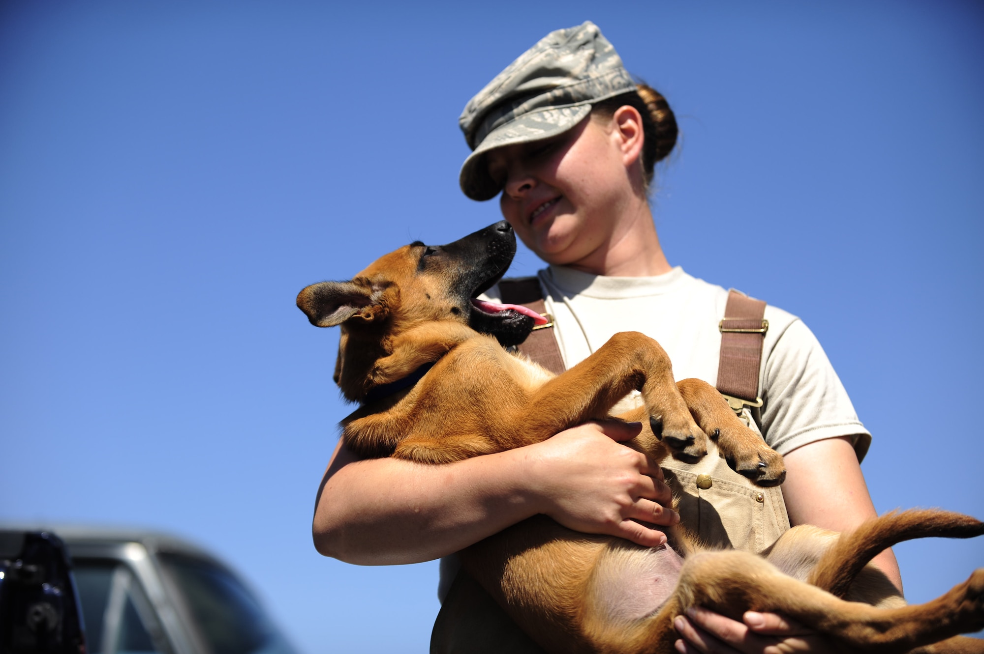 Staff Sgt. Christa Quam holds her puppy which will enter the military working dog program in a year at Lackland Air Force Base, Texas. MWDs are enrolled in a 60- to 90-day training program where they are taught to detect explosives and drugs. They are also taught deterrence training and how to protect their handler. Sergeant Quam is assigned to the 341st Training Squadron at Lackland AFB. (U.S. Air Force photo/Senior Airman Christopher Griffin)