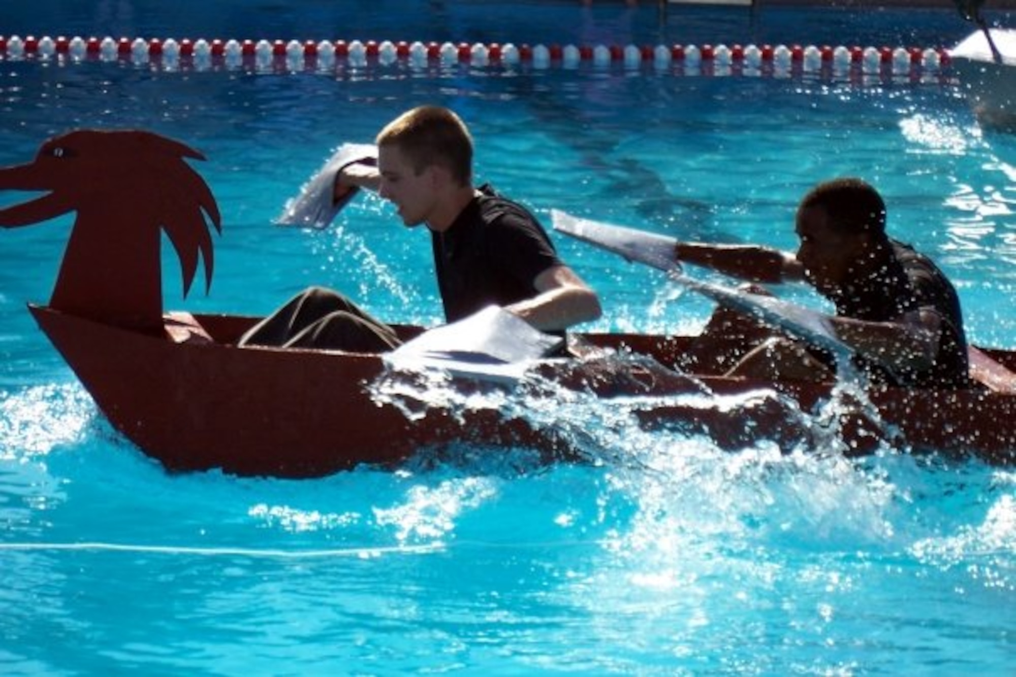 The winners of the boat race used hand paddles to float their way to victory.  Photo compliments of 1st Lt. Michelle Zook.