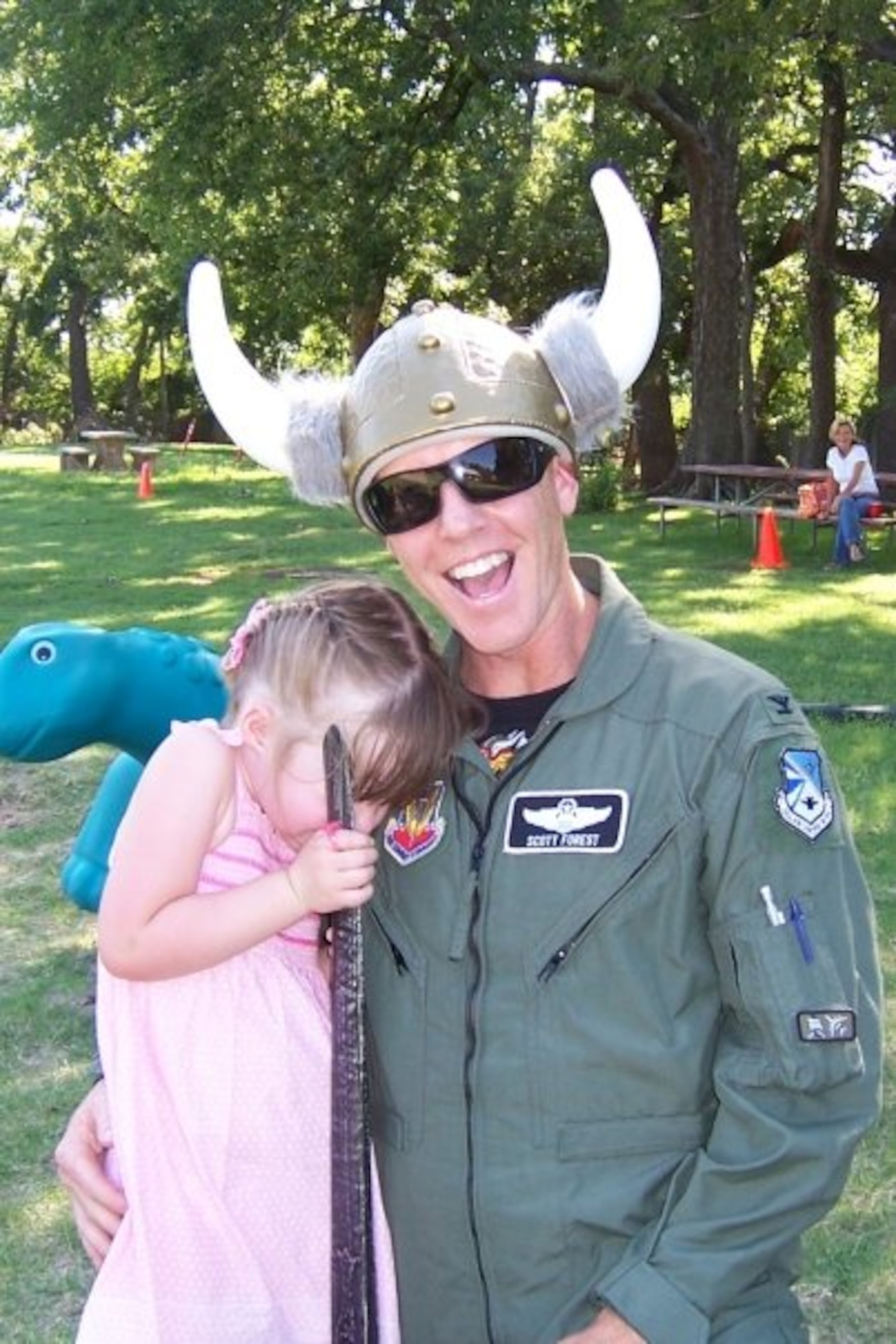 Col. Scott Forest, vice commander, 552 ACW, shows his Viking spirit with his daughter, although she is not quite as excited about the photo op! Photo compliments of 1st Lt. Michelle Zook.