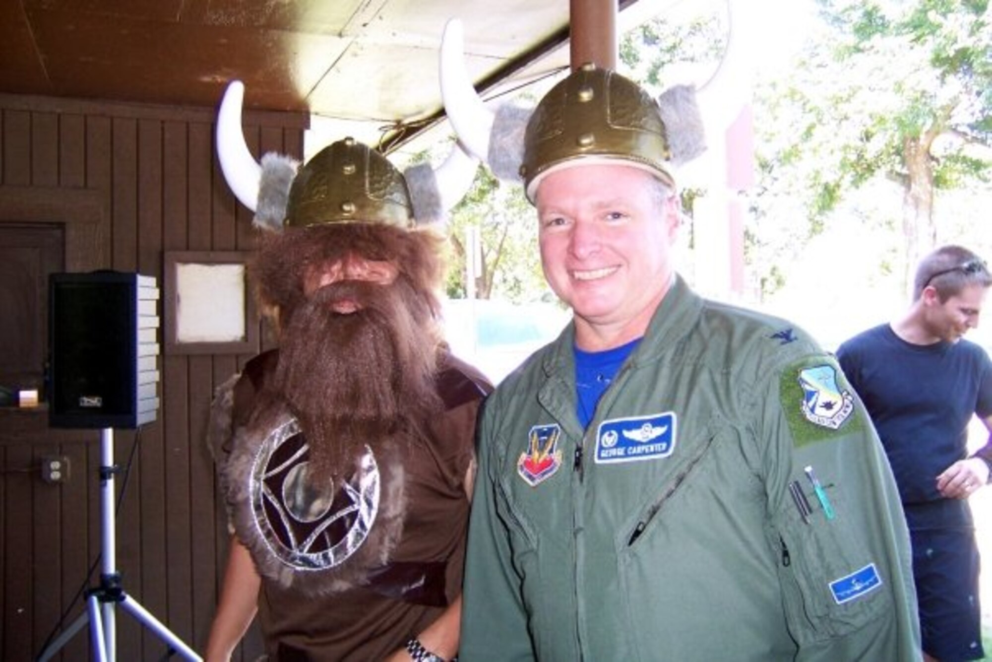 The Vikings' fearless leader, Lt. Col. Paul Oldham, commander, 960 AACS, pauses for a picture with Col. George Carpenter, commander, 552nd Operations Group. Photo compliments of 1st Lt. Michelle Zook.