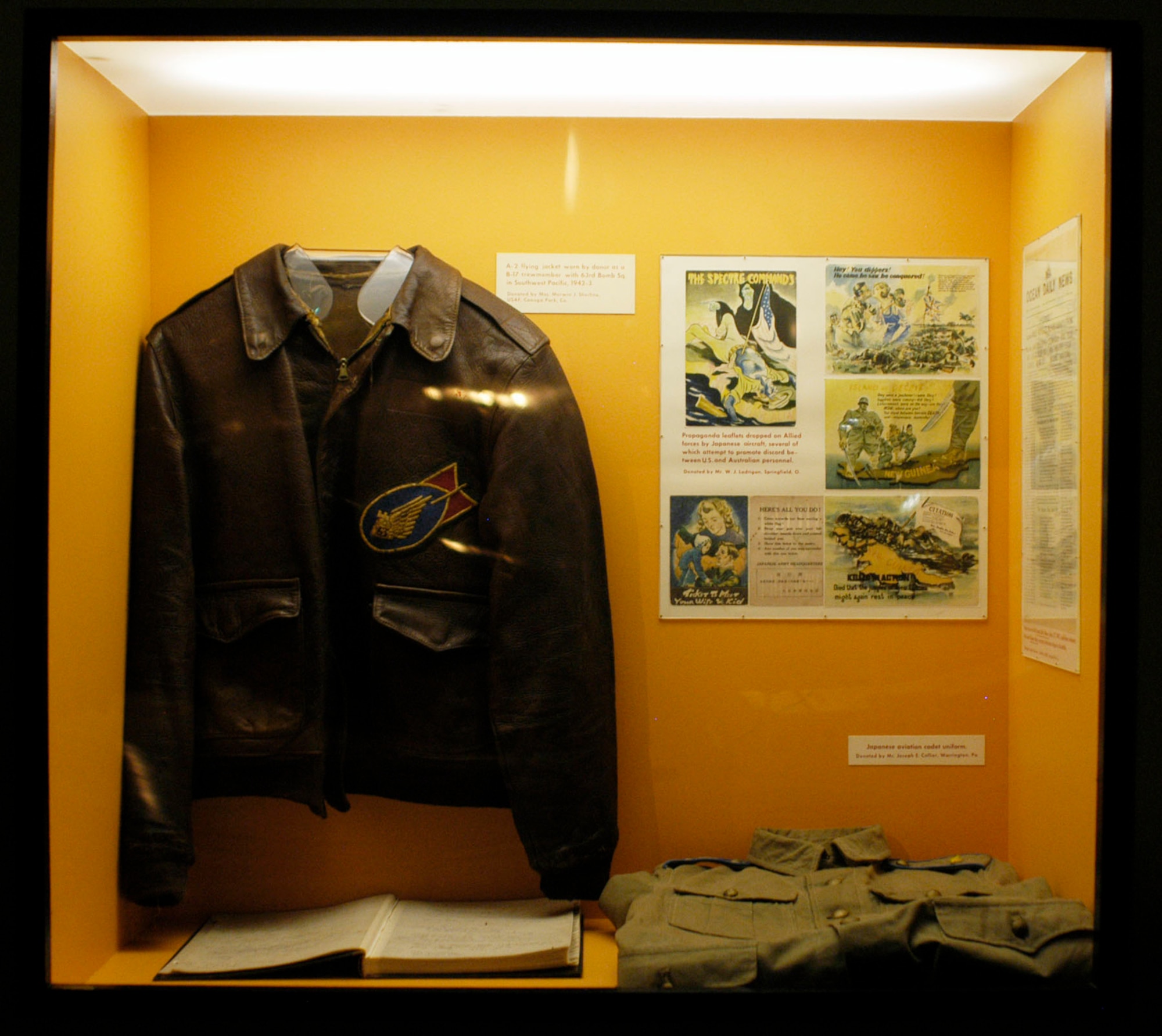 DAYTON, Ohio -- This A-2 flying jacket was worn by the donor, Maj. Merwin J. Sherline or Conoga Park, Colo., as a B-17 crewmember with the 63rd Bomb Squadron in the Southwest Pacific, 1942-1943. (U.S. Air Force photo)