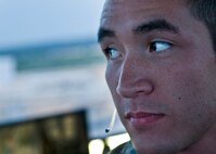 Staff Sgt. Robert Butler, 37th Operations Support Squadron, watches a C-5 as it prepares to take off from Lackland Air Force Base. Air traffic controllers from the 37th OSS are responsible for all movement that takes place on the Kelly Field Annex and Lackland Air Force Base flight line. (U.S. Air Force photo/Senior Airman Christopher Griffin)