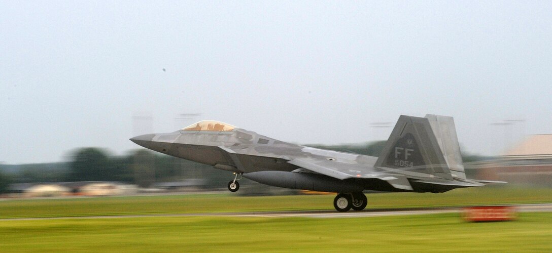 LANGLEY AIR FORCE BASE, Va. -- An F-22A Raptor lands during a Phase I Operational Readiness Exercise here Aug. 28. The ORE is designed to establish Langley's expeditionary readiness and efficiency in deploying Airman. More than 2,500 Airman will be involved in the exercise, which will measure the 1st Fighter Wing's capabilities on graded step-by-step guidelines which involve preparing aircraft, cargo and Airman to deploy seamlessly within an established period of time. (U.S. Air Force photo/Senior Airman Zachary Wolf)