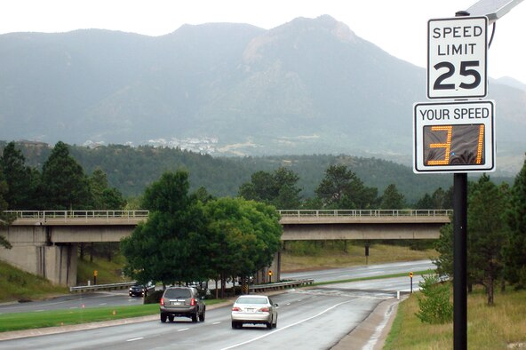 Following posted speed limits when approaching denial barriers gives drivers adequate time to stop their vehicles when the barriers deploy. The barriers are part of the U.S. Air Force Academy's antiterrorism plan and a Department of Defense-recommended force-protection enhancement. (U.S. Air Force photo)