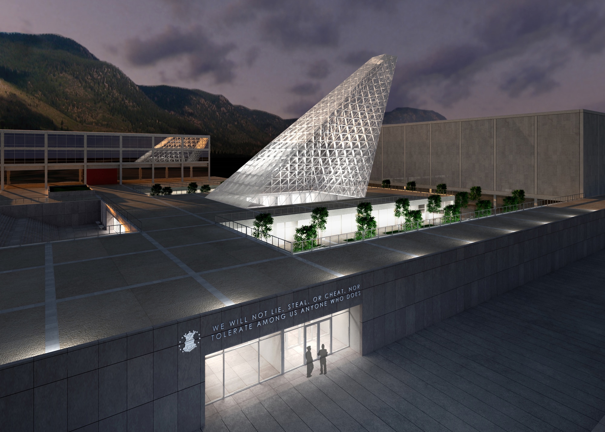 The new Center for Character Leadership and Development is shown adjacent to Arnold Hall and Harmon Hall at the U.S. Air Force Academy in this artist's rendering. Construction on the new facility, designed by Skidmore, Owings and Merrill, is scheduled to begin in March 2011 and be complete in March 2012. (courtesy illustration)