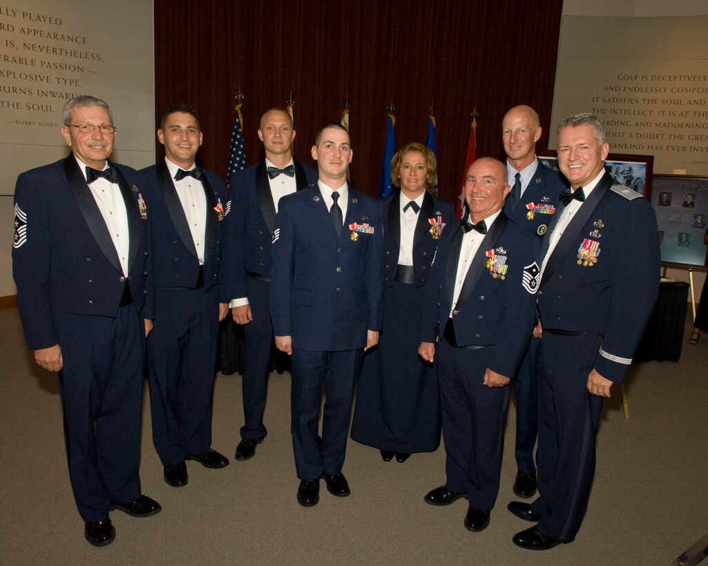 The 2009 Airmen of the Year for the Florida Air National Guard (from left) MSgt Christopher Hogarth, TSgt Mark Farmer, SSgt. Michael Fillinger, MSgt. Melissa Merideth, MSgt. Michael Ramsey, and TSgt Paul Still pose for a photo with Command Chief MSgt Charles Wisniewski and the Commander of the Florida Air National Guard, Brig. Gen. Joseph Balskus at the Airman of the Year banquet.  The Banquet was held on August 22, 2009 at the World Golf Hall of Fame.  (Florida Air National Guard photo by SSgt. Jaclyn Carver)