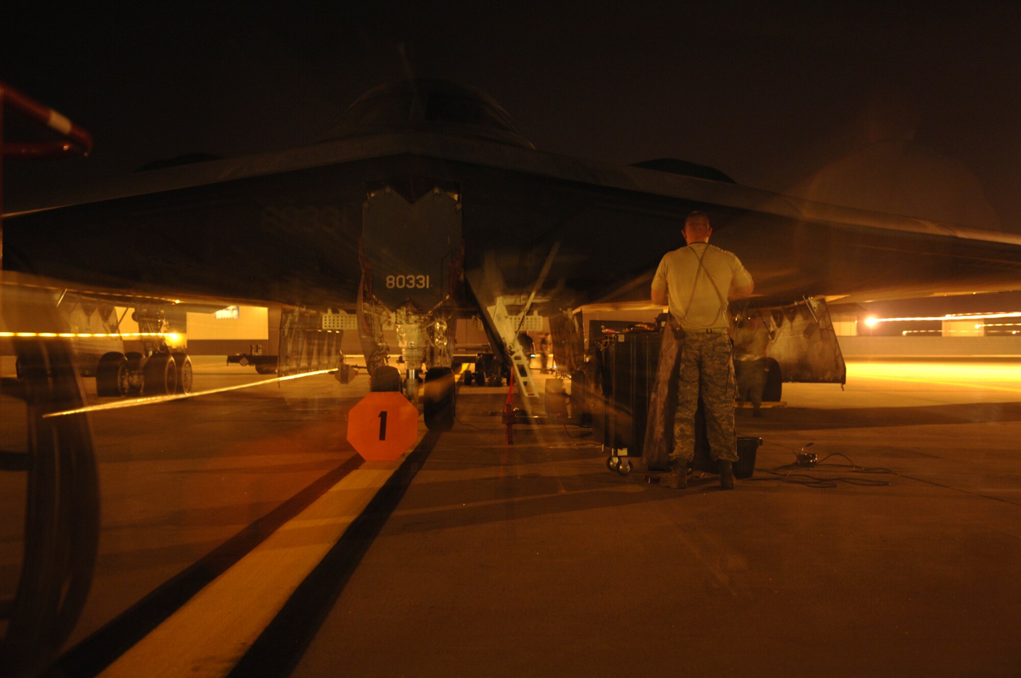 WHITEMAN AIR FORCE BASE, Mo. - Members of the 509th Aircraft Maintenance Squadron prepare a B-2, Spirit of South Carolina, to be towed on Aug. 27.  The B-2 is scheduled for a wash, which is required every 180 days and takes one to two days to complete.  (U.S. Air Force photo/Senior Airman Jessica Snow)
