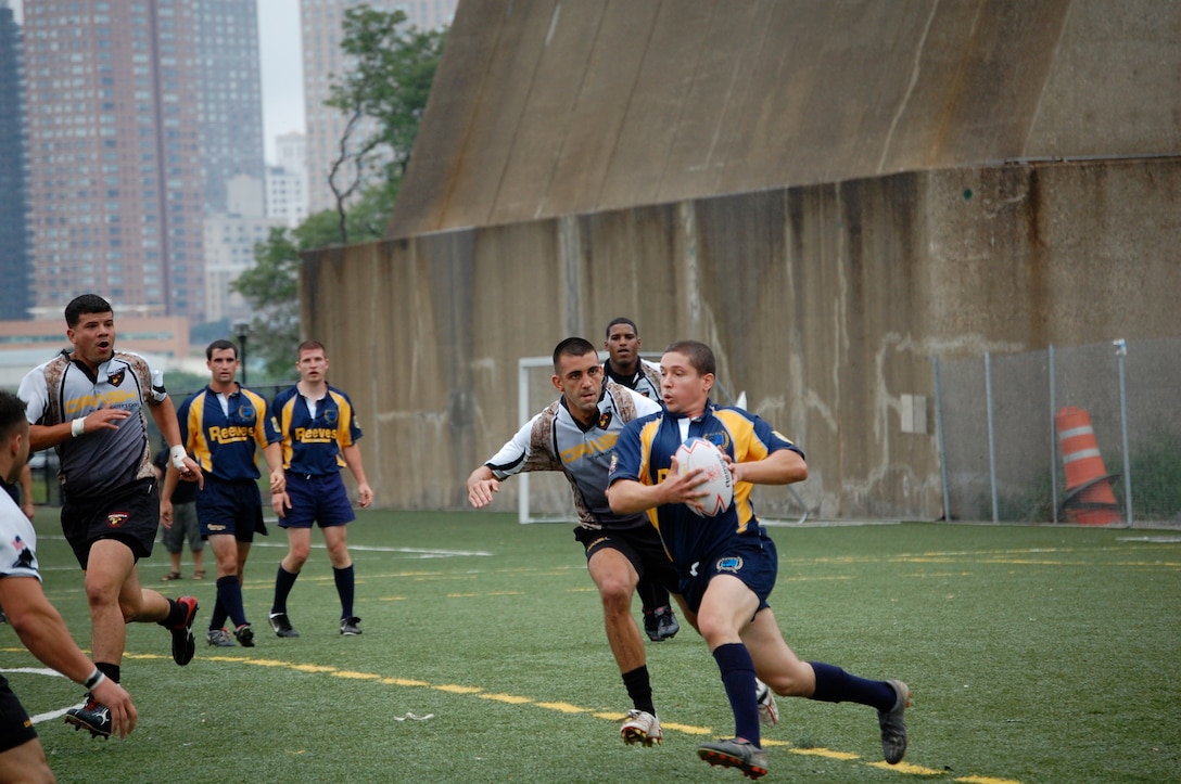 A Misfits rugby player closes in for a tackle during one of Camp Lejeune's three games at the Liberty Cup Rugby Tournament, held Aug. 29, in New York. The Misfits were undefeated in their matches against Fire Department New York, New York Police Department and Fort Bragg's Rugby Football Club. The team has five matches scheduled for the fall season and hopes to have several members qualify for the All-Marine Rugby Team later in the year.