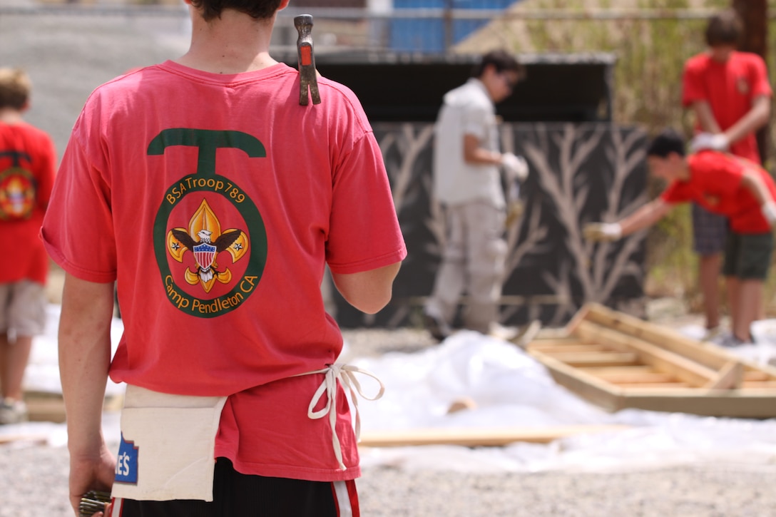 Daniel A. Wille, Life Scout, Troop 789, Camp Pendleton, prepares to join his fellow Scouts in constructing the base’s first handicap duck blind on base at the base’s Game Warden Office, Aug 29.