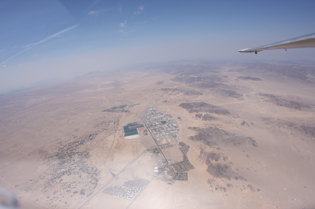 The Combat Center looks as small as a stamp from the aerial view of a glider airplane flying higher than 10,000 feet above sea level. A glider airplane club, called 29 Soaring Club, resides here and gathers for air time at the Twentynine Palms Airport every Sunday.
