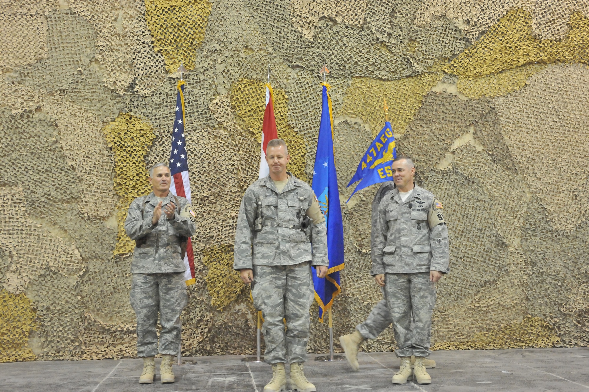SATHER AIR BASE, Iraq, - Lt. Col. David Knight became the new commander of the 447th Expeditionary Security Forces Squadron here Aug. 26.  Colonel Knight is deployed from the 141st Air Refueling Wing of the Washington Air National Guard located at Fairchild Air Force Base.  (U.S. Air Force photo / Staff Sgt. Misty D. Slater) 
