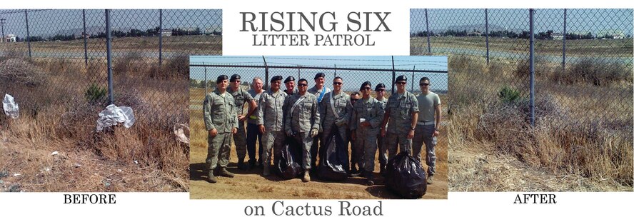 Twenty volunteers from the 452nd Security Forces Squadron’s Rising Six cleaned up over one mile of perimeter fence line on July 22, collecting unsightly trash discarded along the base fence. They were able to remove over 20 bags of litter. (U. S. Air Force photo by TSgt. Murillo)