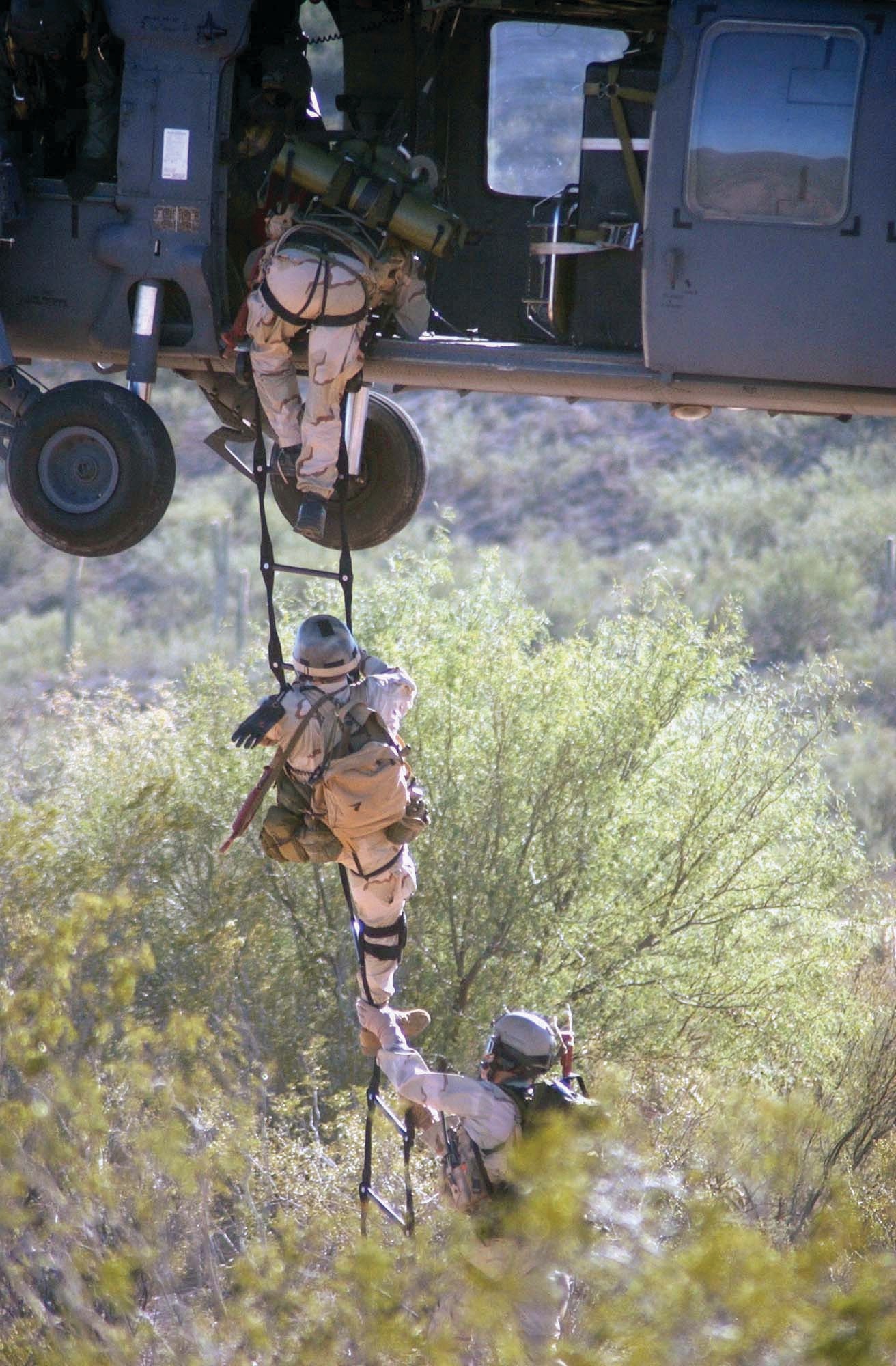 Pararescuemen from the 306th Rescue Squadron at Davis-Monthan Air Force Base train in the desert near Tucson, Arizona. Approximately 25% of the Airmen in the squadron are Active Guard Reserve). (U.S. Air Force photo)