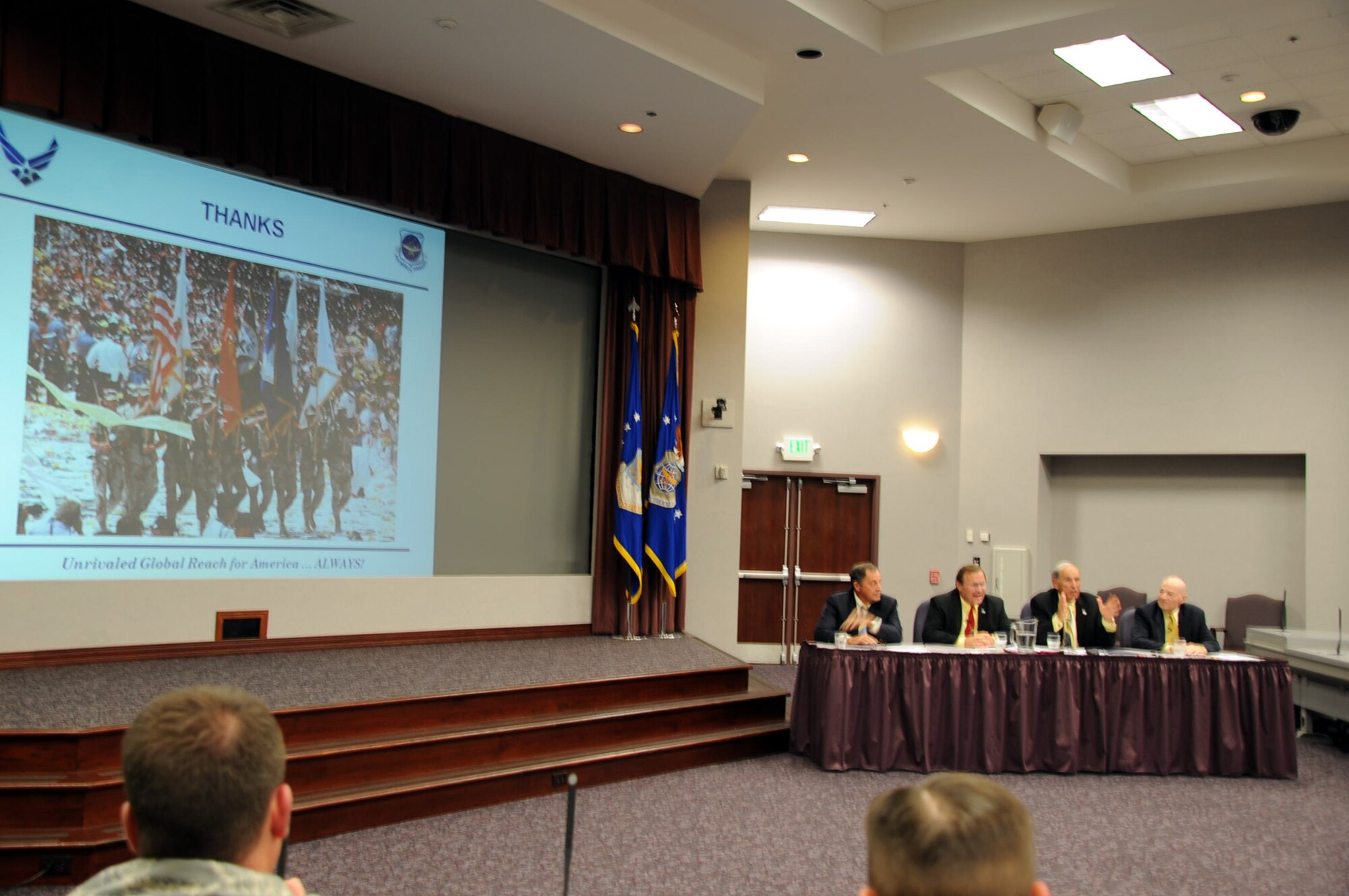 Air Mobility Command held another session of its Tanker Living Legends Speaker Series in the Global Reach Planning Center at Scott Air Force Base, Ill, on Aug. 28, 2009.  Among those participating in the panel, pictured here, are (from left) retired Col. Dennis D. Carpenter, retired Lt. Col. Scott Hente, retired Lt. Gen. Pat Caruana, and retired Brig. Gen. Kenneth F. Keller.  All four of the retired officers were on hand to recall their experiences in coordinating air refueling efforts for Operations Desert Shield and Desert Storm in 1990-91.  (U.S. Air Force Photo/Tech. Sgt. Scott T. Sturkol) 