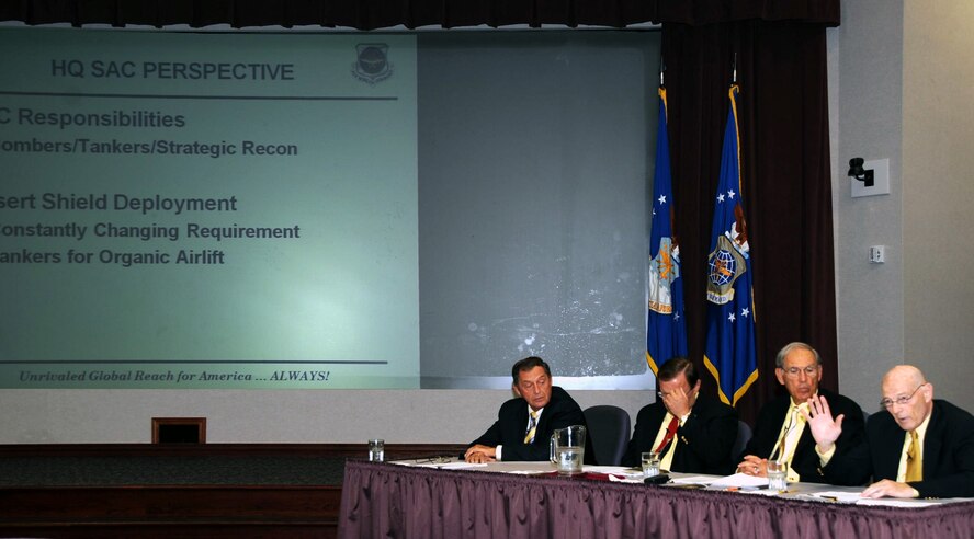 Retired Brig. Gen. Kenneth F. Keller (far right) talks about his experience in coordinating air refueling for Operations Desert Shield and Desert Storm in 1990-91 as part of the Tanker Living Legends Speaker Series on Aug. 28, 2009, at the Global Reach Planning Center at Scott Air Force Base Ill.. In total there were four panel members for the speaker series put on by Air Mobility Command. (U.S. Air Force Photo/Tech. Sgt. Scott T. Sturkol) 
