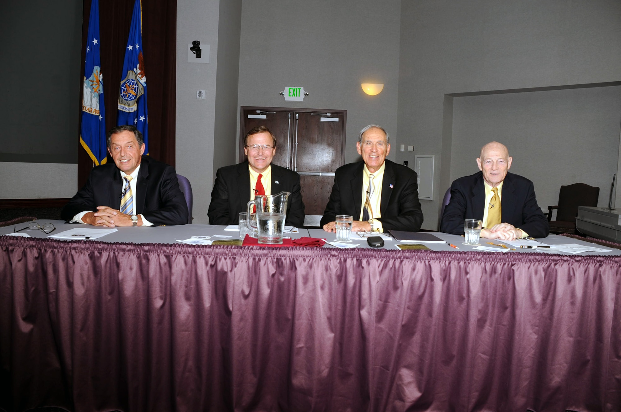 Air Mobility Command held another session of its Tanker Living Legends speaker series in the Global Reach Planning Center at Scott Air Force Base, Ill, on Aug. 28, 2009.  Among those participating in the panel, pictured here, are (from left) retired Col. Dennis D. Carpenter, retired Lt. Col. Scott Hente, retired Lt. Gen. Pat Caruana, and retired Brig. Gen. Kenneth F. Keller.  All four of the retired officers were on hand to recall their experiences in coordinating air refueling efforts for Operations Desert Shield and Desert Storm in 1990-91.  (U.S. Air Force Photo/Tech. Sgt. Scott T. Sturkol) 