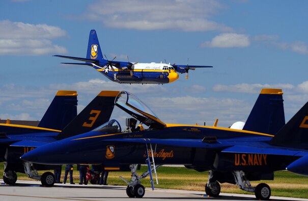 OFFUTT AIR FORCE BASE Neb. -- The U.S. Navy's Blue Angels C-130, affectionately known as "Fat Albert," performs during the 2009 Defenders of Freedom Open House and Air Show here Aug. 29 - 30. U.S. Air Force Photo by Josh Plueger