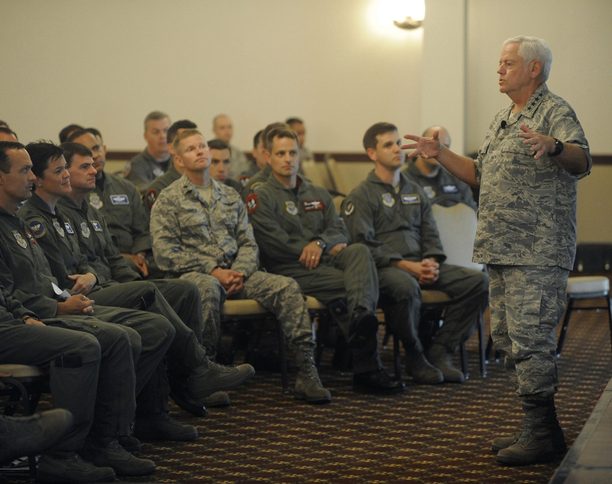 Gen. Arthur Lichte, Air Mobility Command commander, held a question and answer event at the McGuire Community Center Aug. 26. Some of the topics discussed included, KC-10 maintenance issues, building public relations while deployed overseas, and missions in Iraq and Afghanistan. (U.S. Air Force photo/Carlos Cintron)